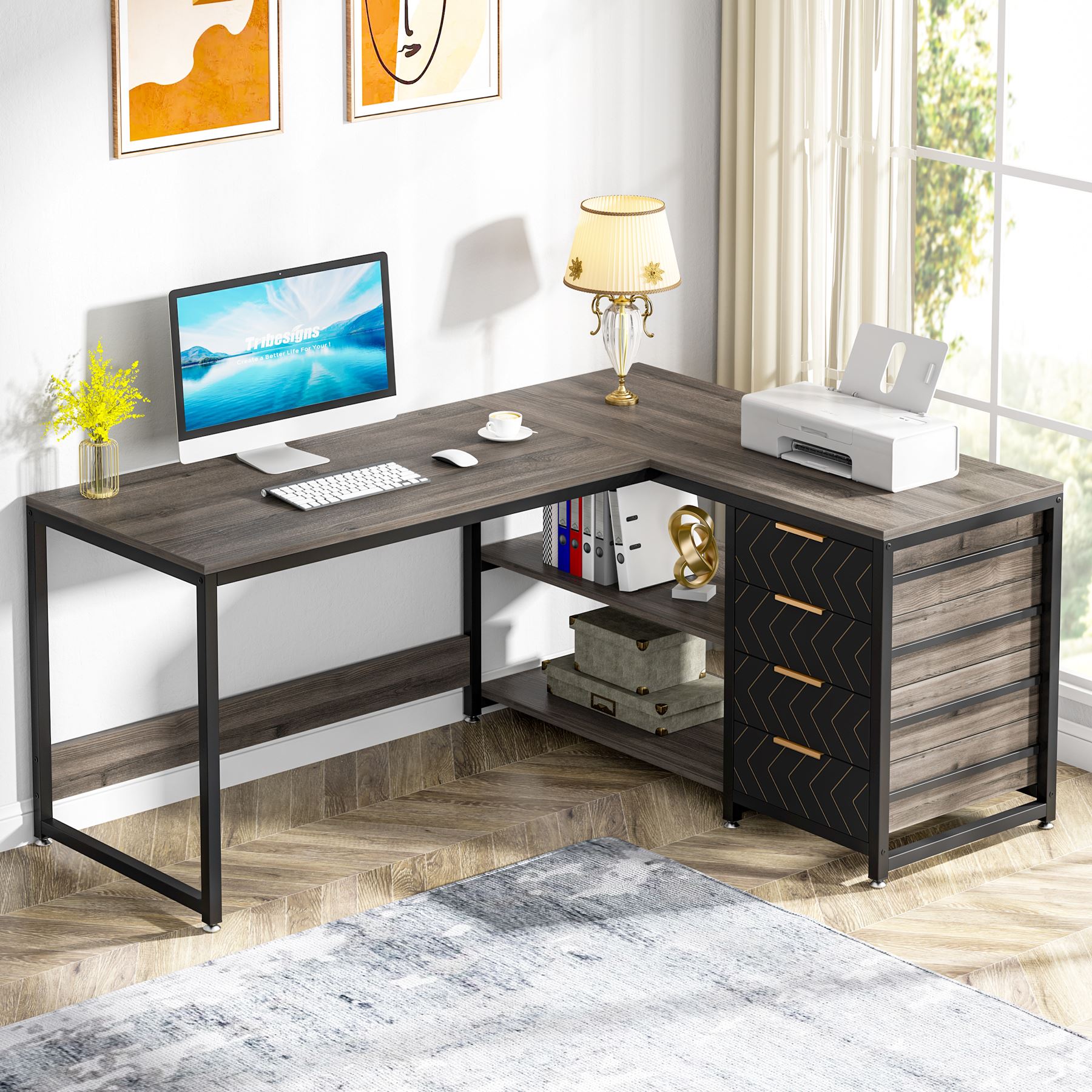 150 cm L-Shaped Desk, Reversible Corner Desk with Drawers & Shelves