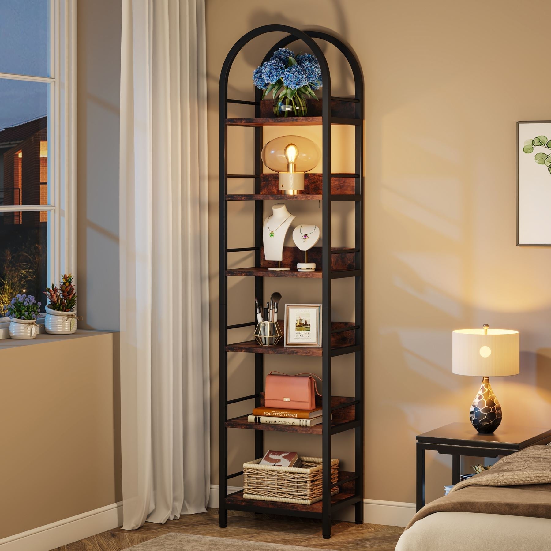 6-Tier Bookshelf, 200 cm Narrow Bookcase Arched Display Shelf