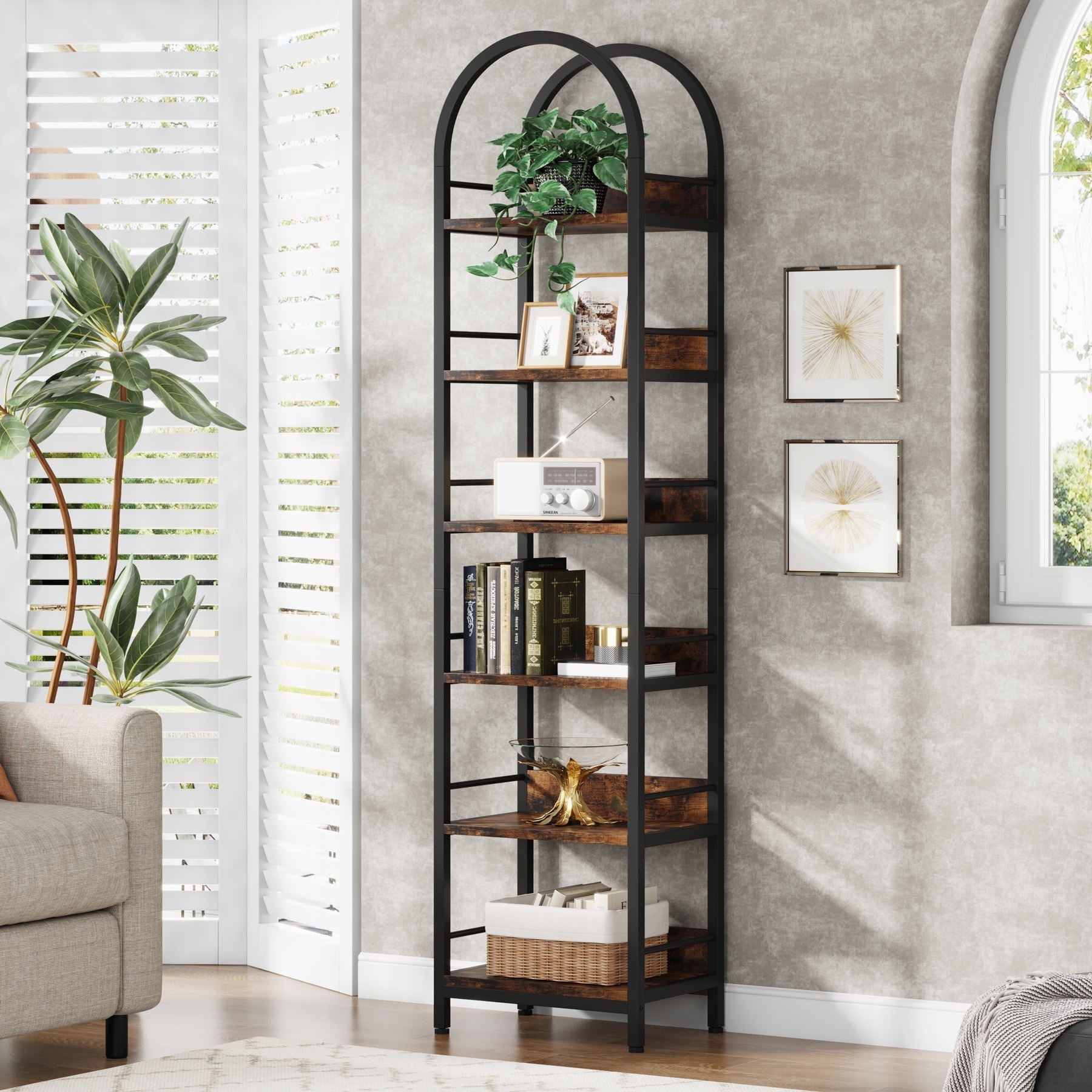 6-Tier Bookshelf, 200 cm Narrow Bookcase Arched Display Shelf