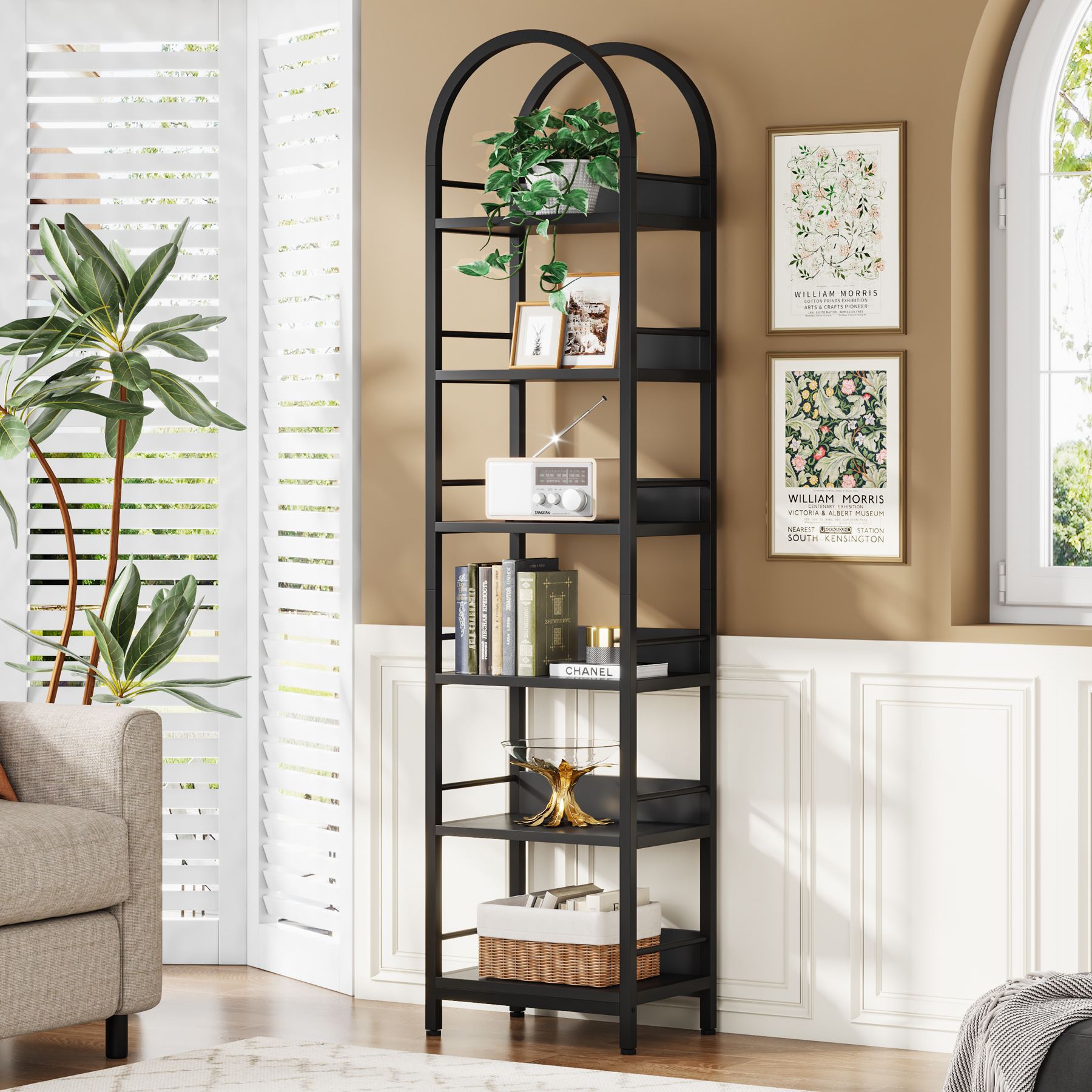 6-Tier Bookshelf, 200 cm Narrow Bookcase Arched Display Shelf