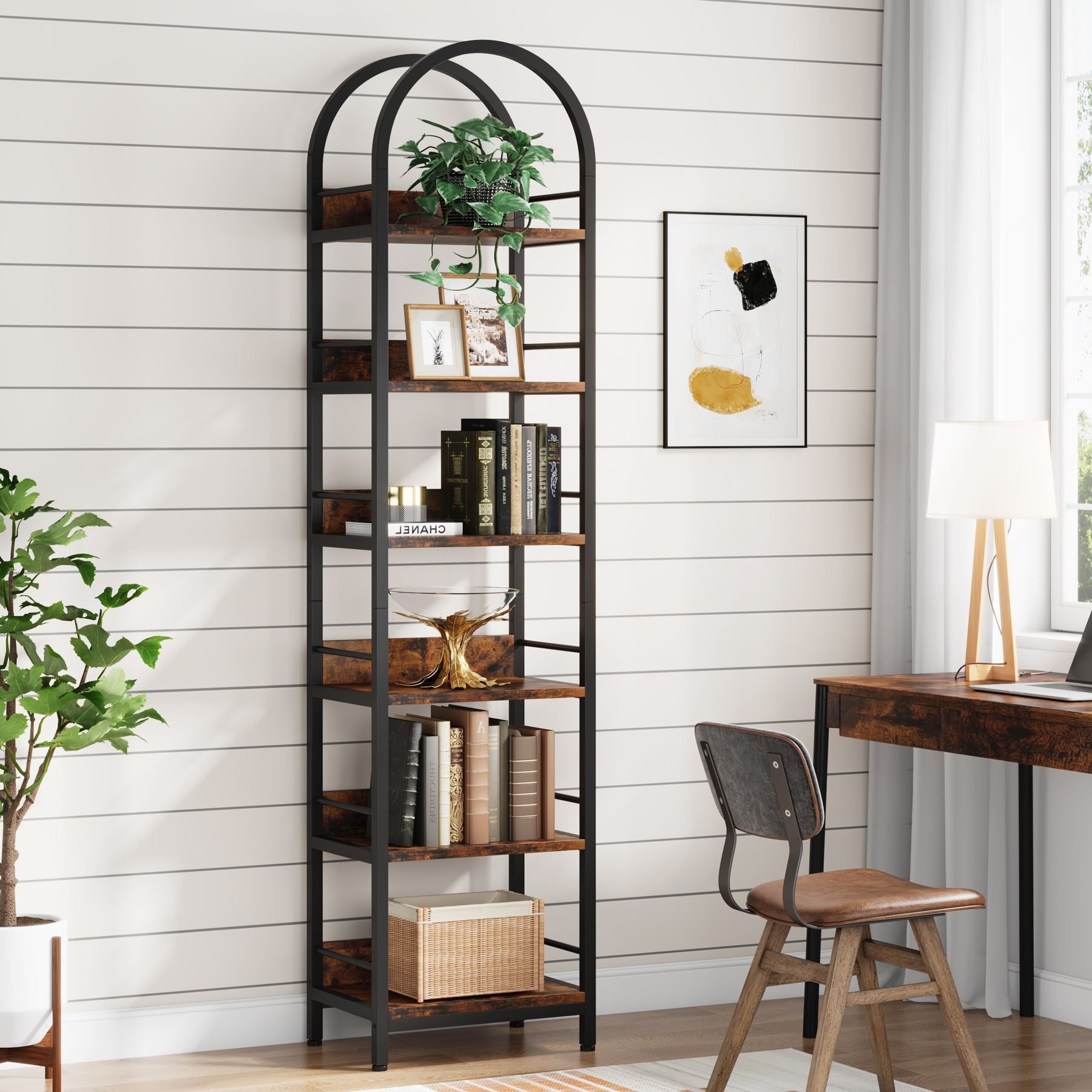 6-Tier Bookshelf, 200 cm Narrow Bookcase Arched Display Shelf