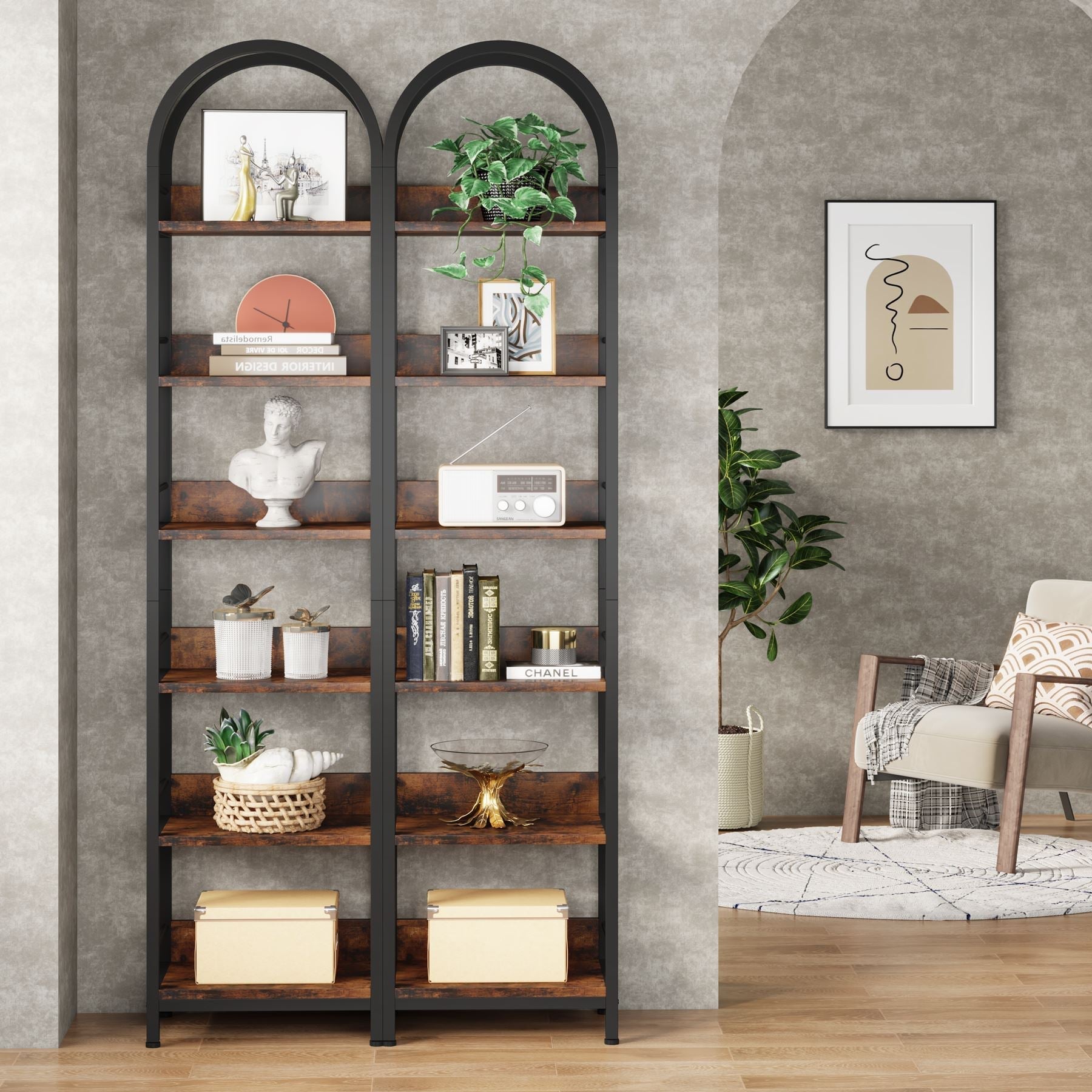 6-Tier Bookshelf, 200 cm Narrow Bookcase Arched Display Shelf