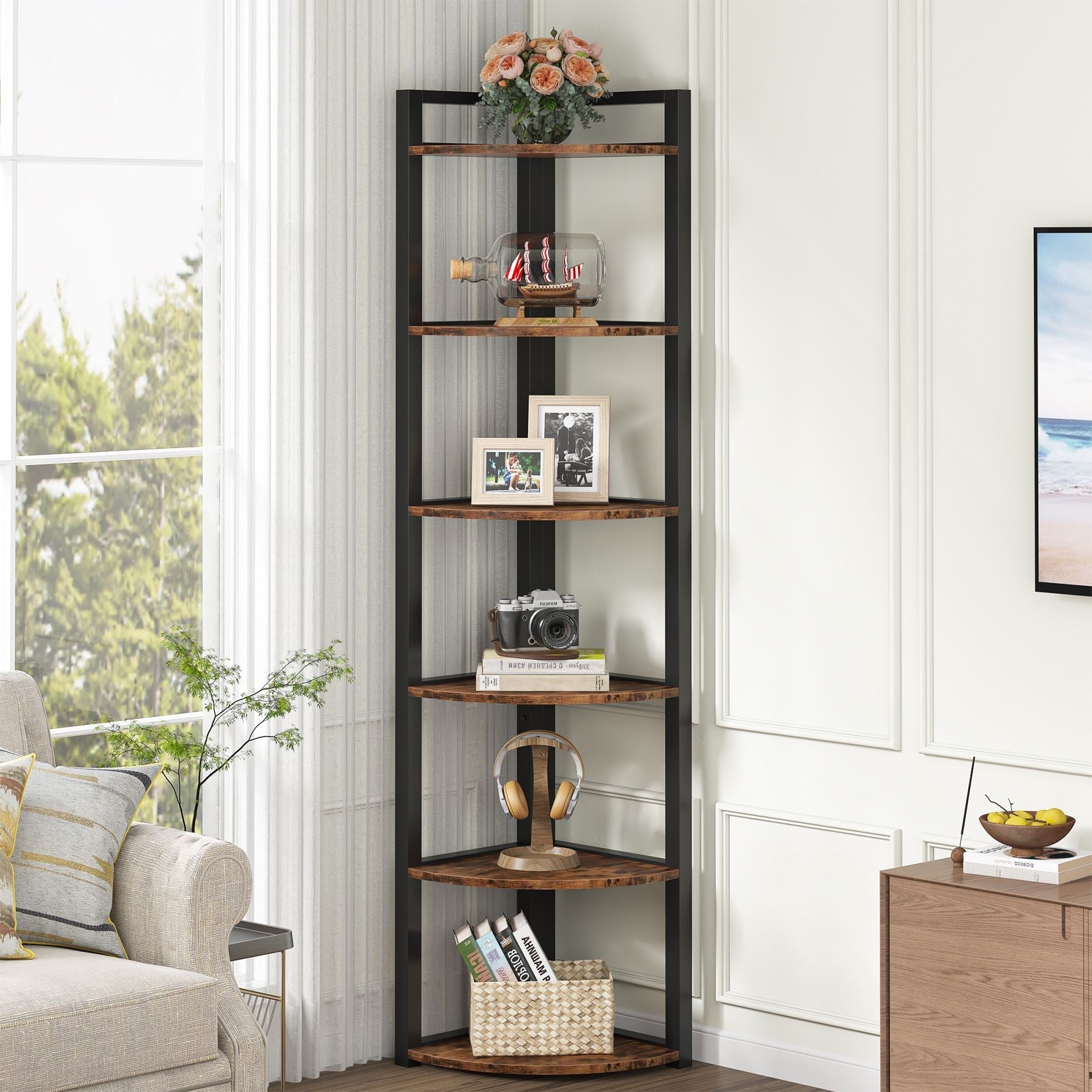 6-Tier Corner Shelf, Small Corner Bookshelf Storage Rack (Converted to cm)