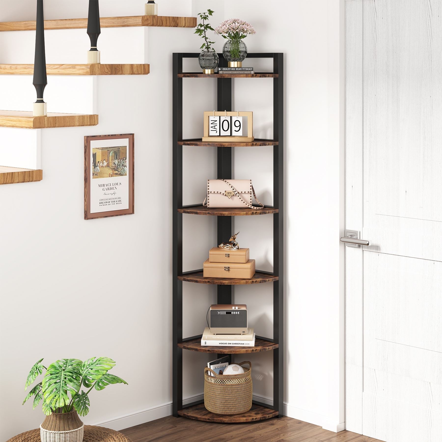 6-Tier Corner Shelf, Small Corner Bookshelf Storage Rack (Converted to cm)