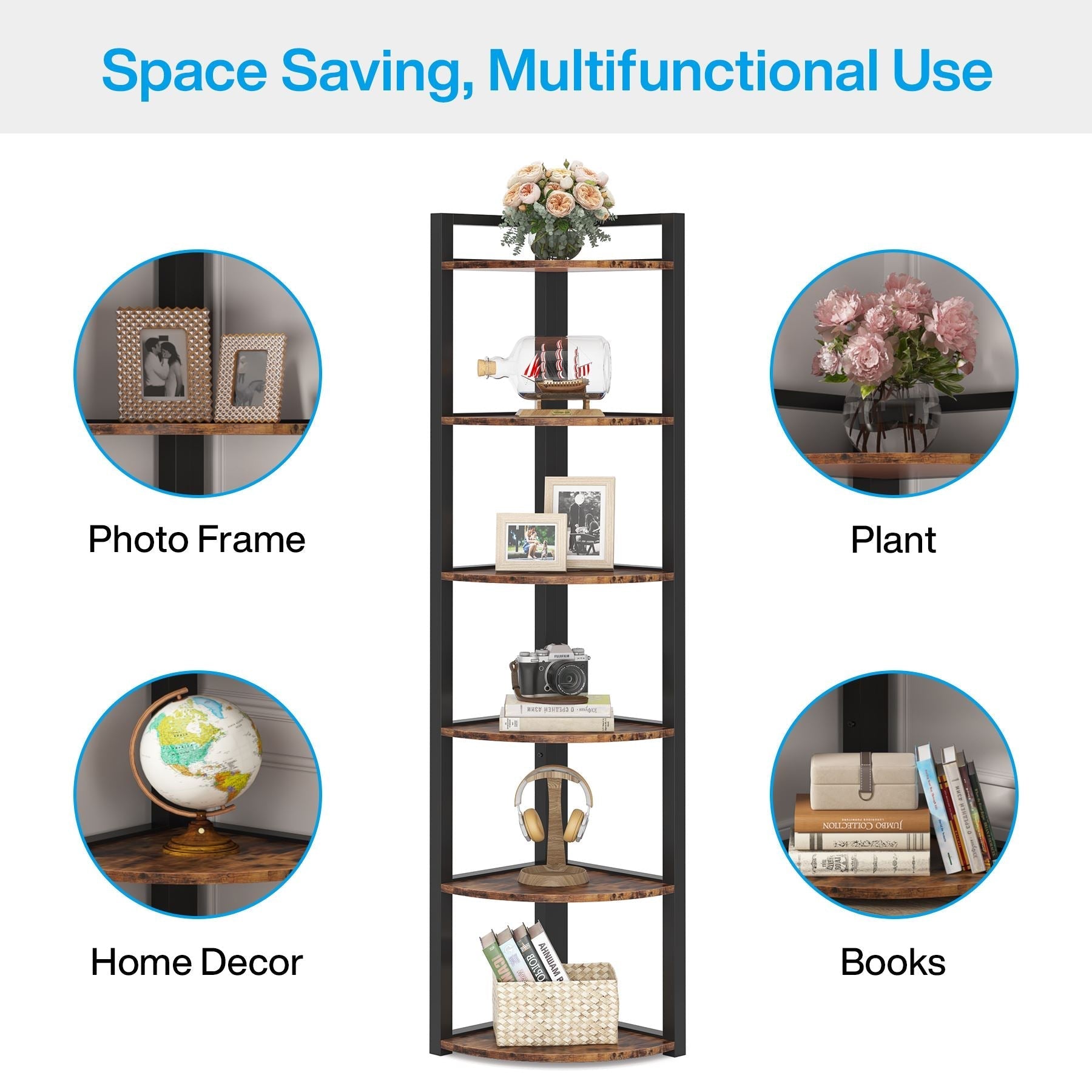 6-Tier Corner Shelf, Small Corner Bookshelf Storage Rack (Converted to cm)