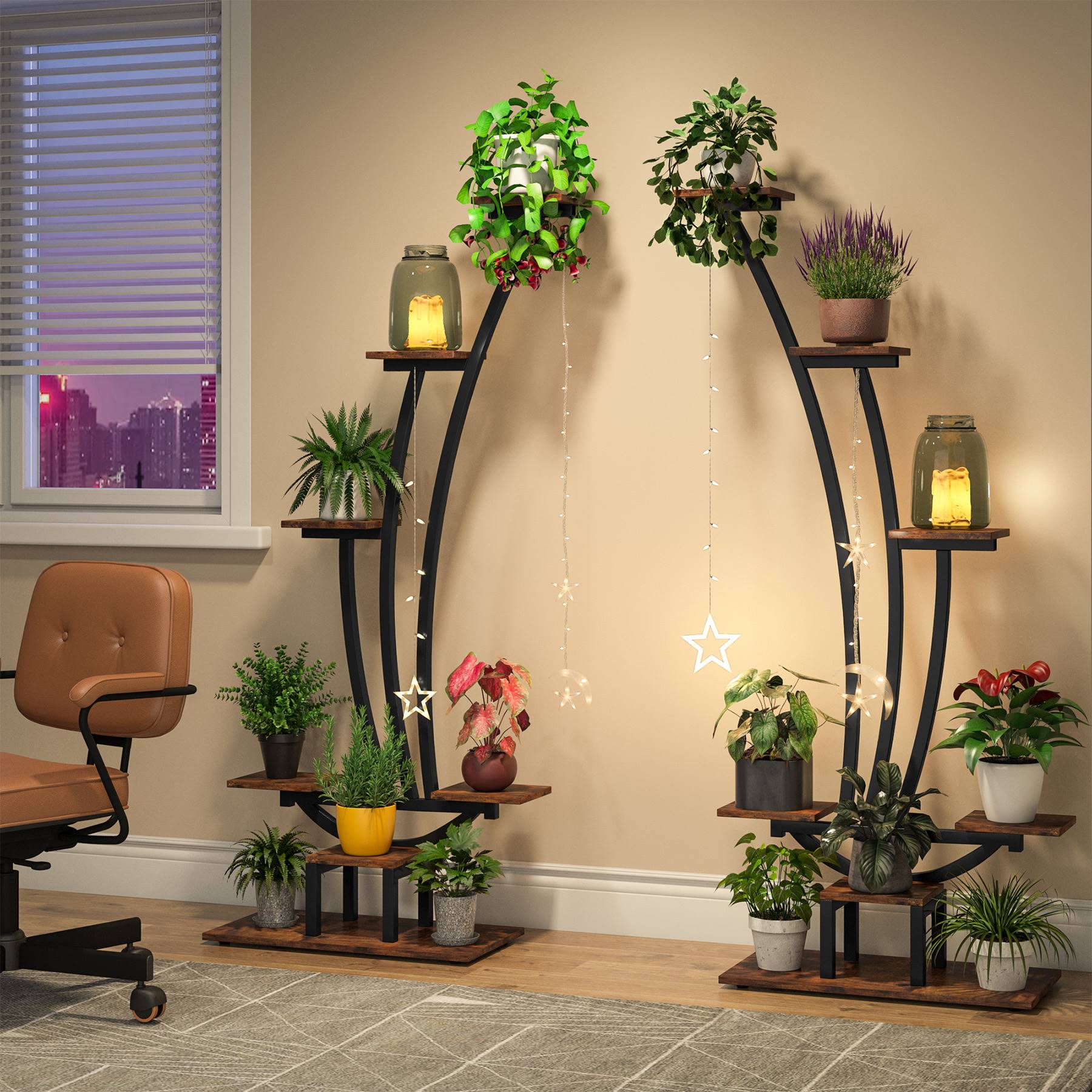 6-Tier Plant Stand Pack of 2, Metal Curved Display Shelf with 2 Hanging Hooks (Converted to cm)