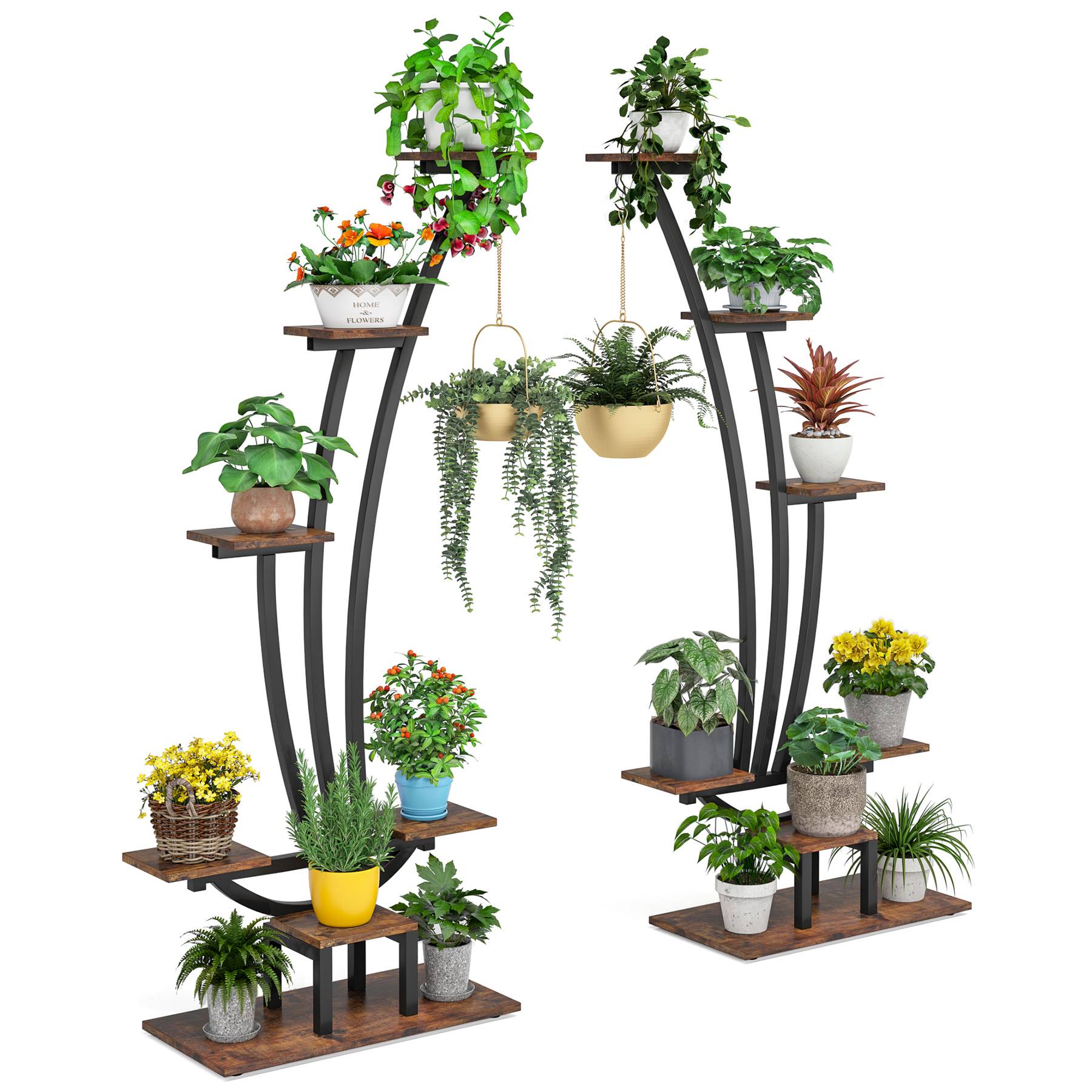 6-Tier Plant Stand Pack of 2, Metal Curved Display Shelf with 2 Hanging Hooks (15.24 cm per Tier)