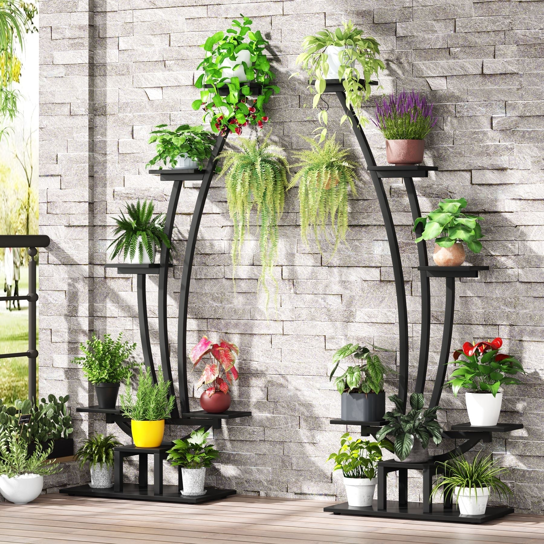 6-Tier Plant Stand Pack of 2, Metal Curved Display Shelf with 2 Hanging Hooks (Converted to cm)