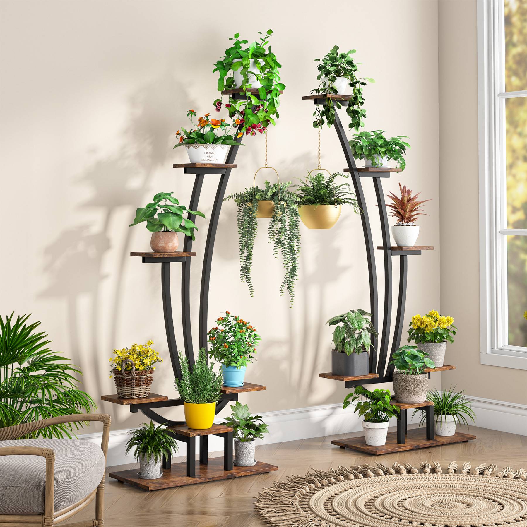 6-Tier Plant Stand Pack of 2, Metal Curved Display Shelf with 2 Hanging Hooks (Converted to cm)