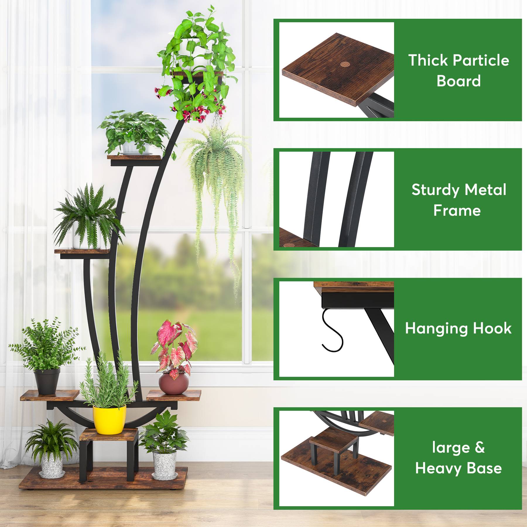 6-Tier Plant Stand Pack of 2, Metal Curved Display Shelf with 2 Hanging Hooks (Converted to cm)