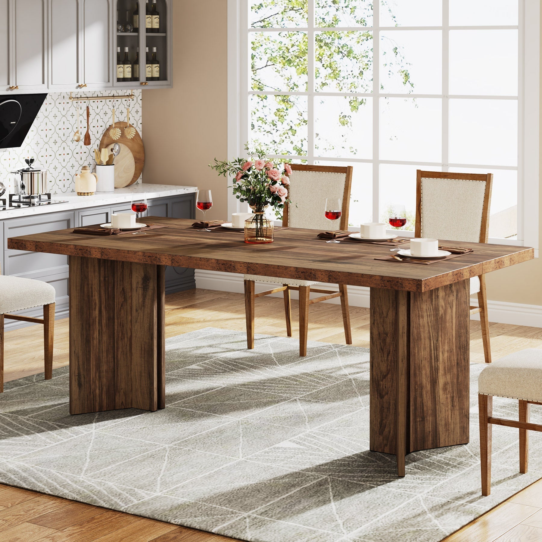 160 cm Dining Table, Farmhouse Kitchen Table with Large Tabletop for 4-6