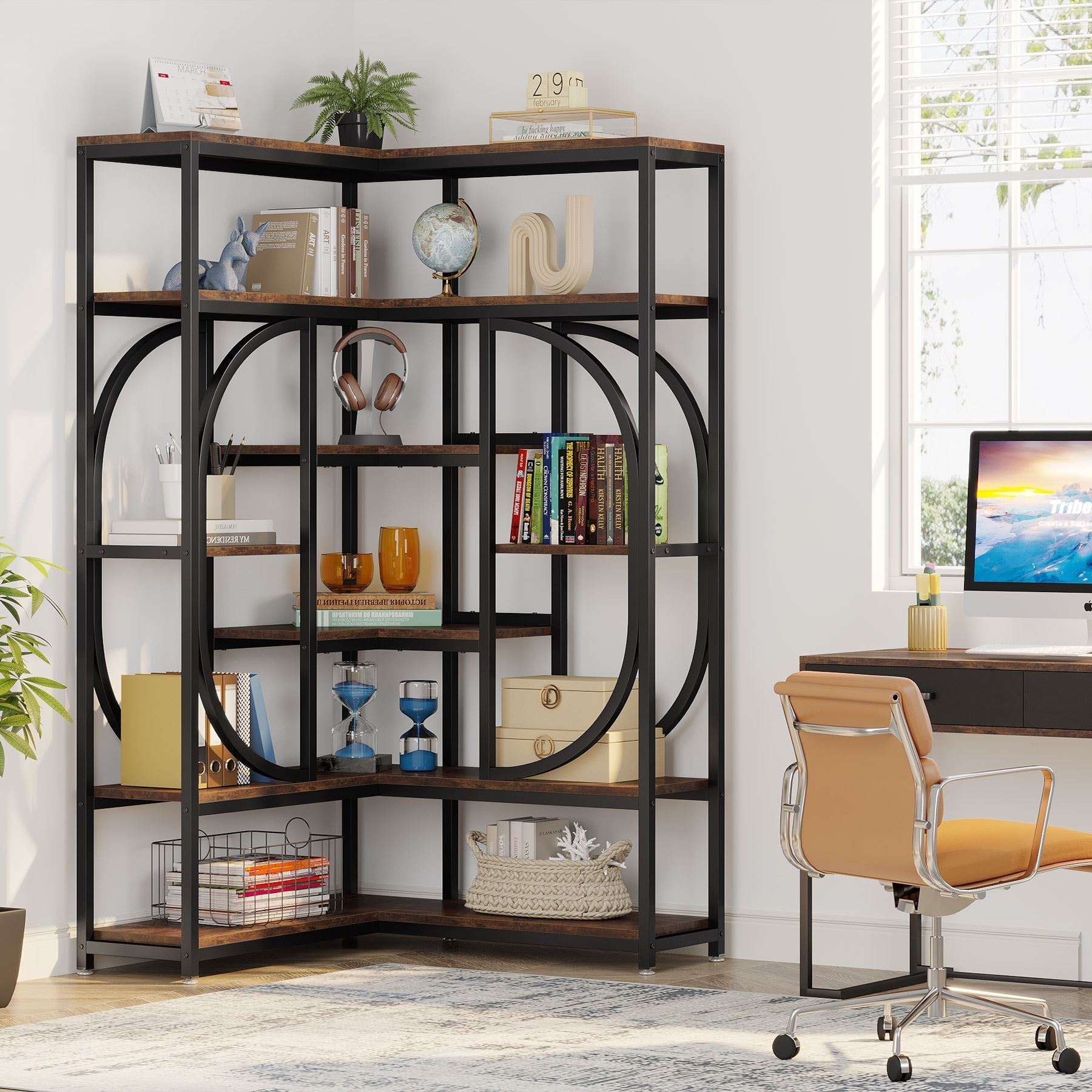 7-Shelf Corner Bookshelf, L-Shaped Bookcase Display Rack (in cm)