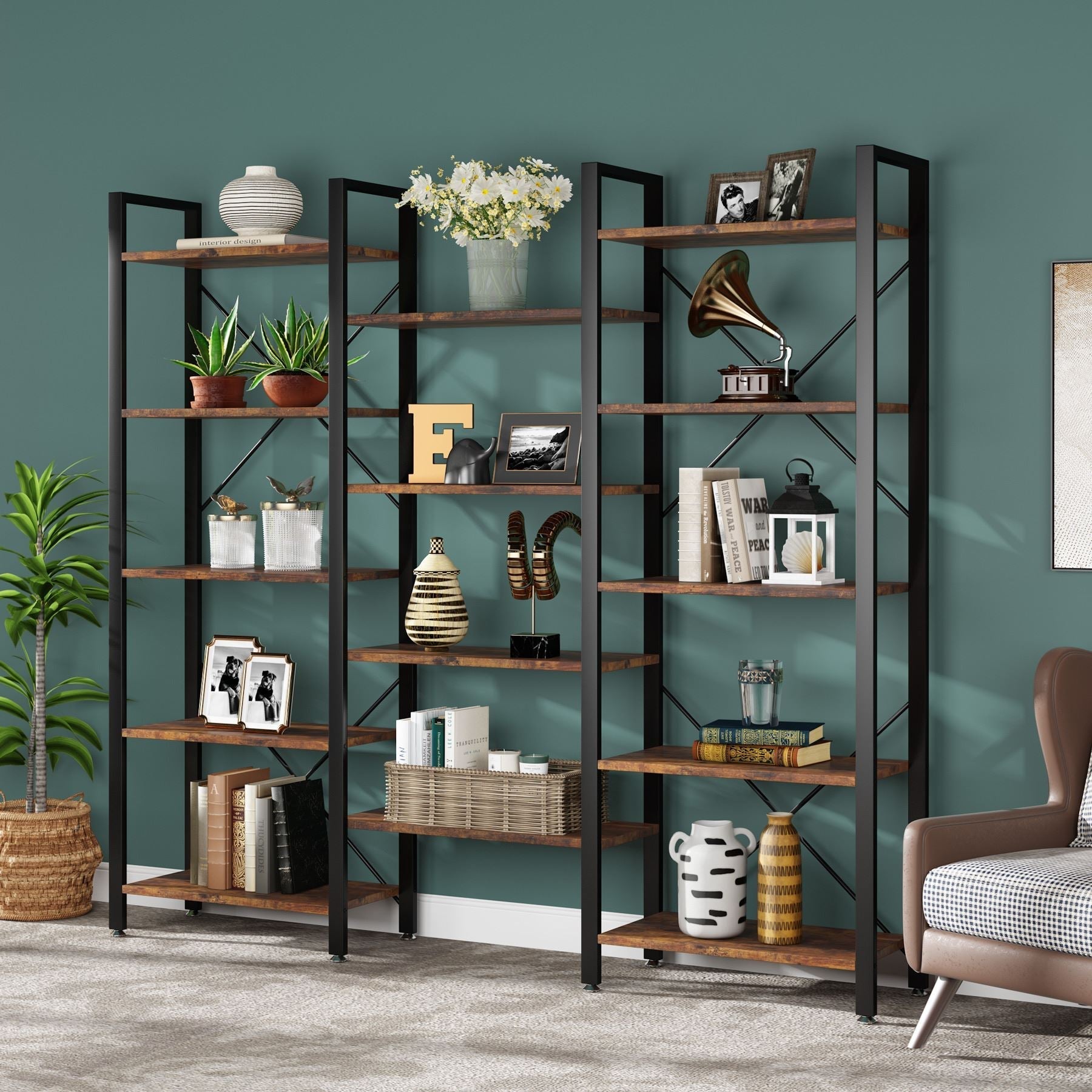 178 cm Bookshelf, Triple Wide Etagere Bookcase Open Display Shelf