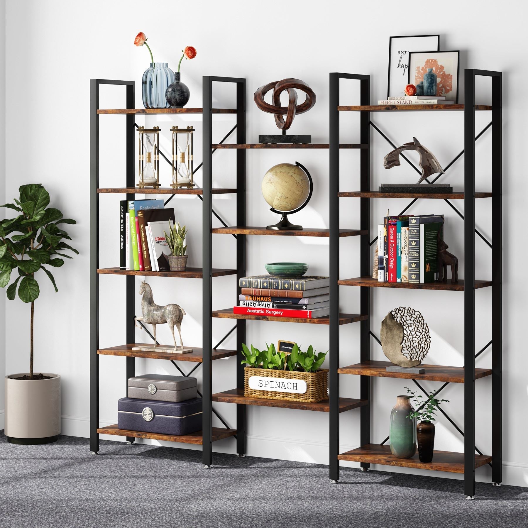 178 cm Bookshelf, Triple Wide Etagere Bookcase Open Display Shelf