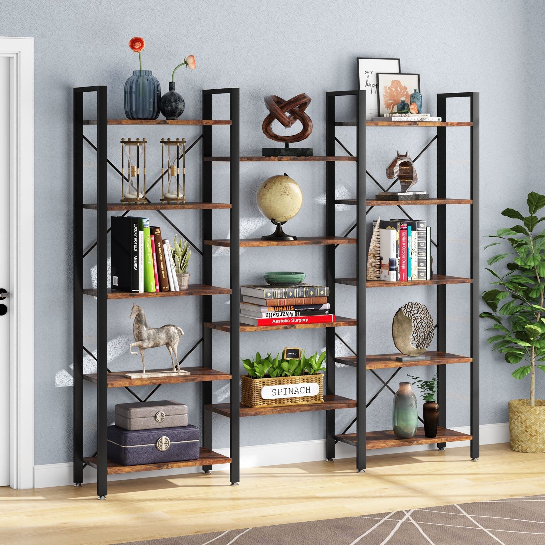 178 cm Bookshelf, Triple Wide Etagere Bookcase Open Display Shelf