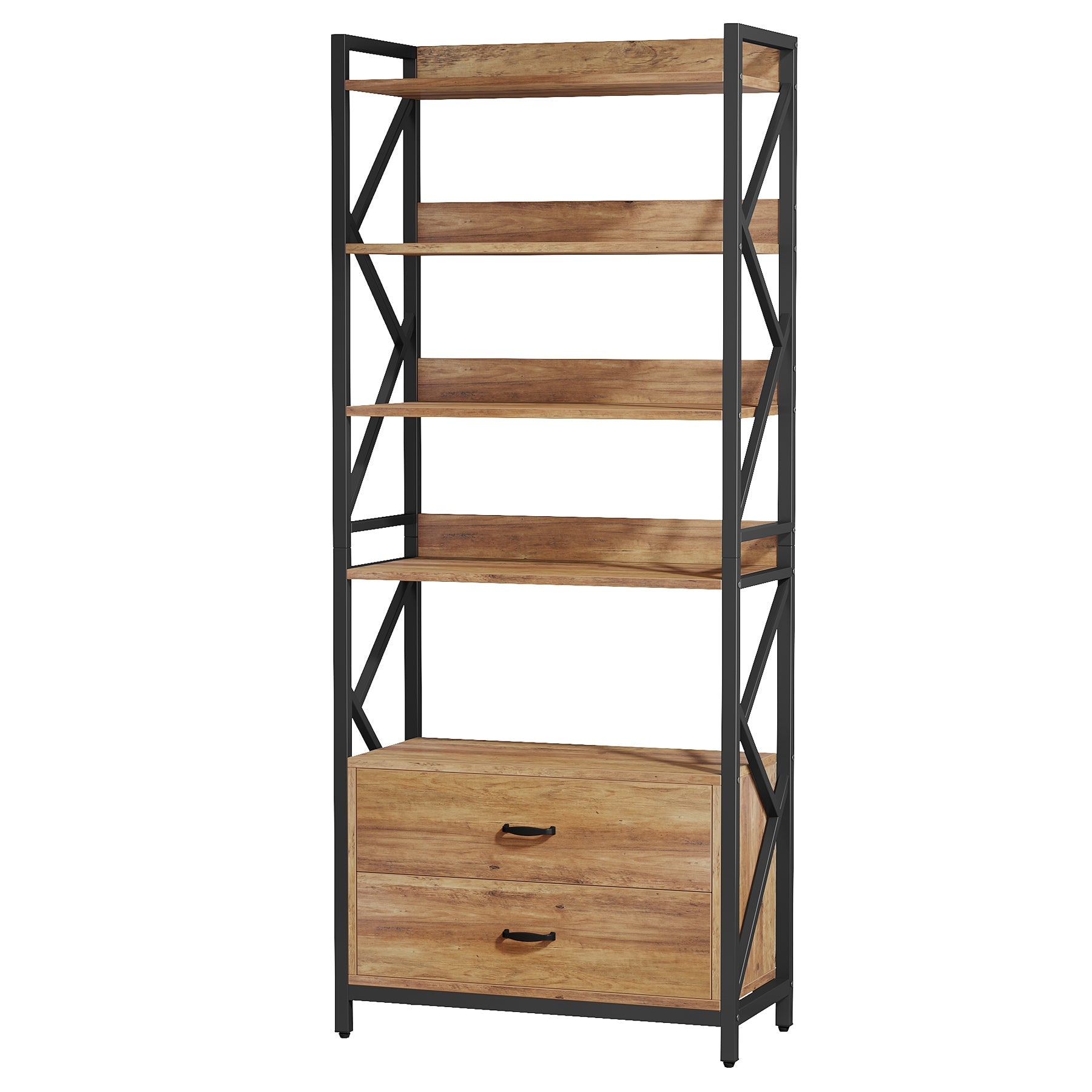 180 cm Bookshelf, Industrial 5-Tier Bookcase with 2 Drawers