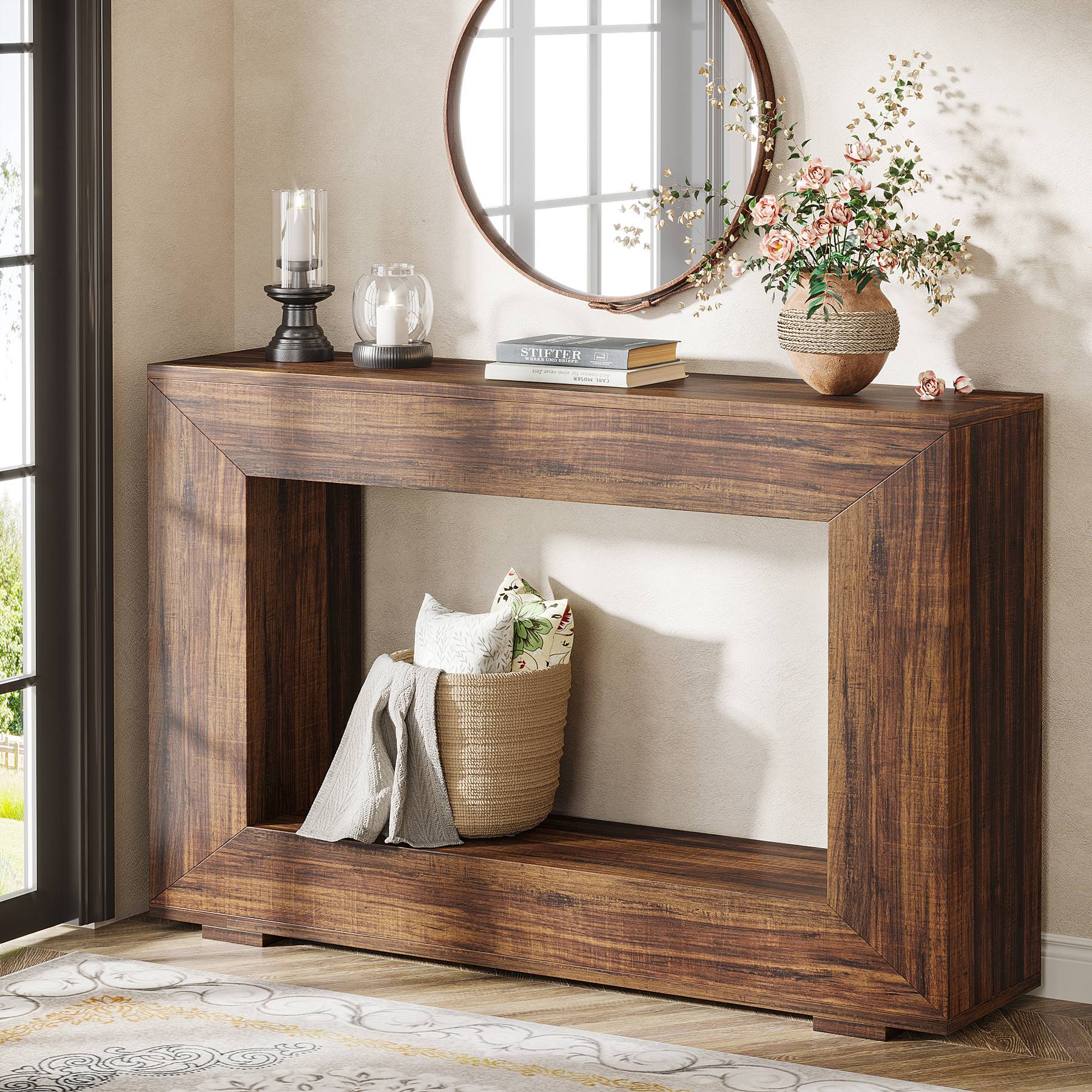 Farmhouse Console Table, 120 cm Wood Entryway Sofa Table with Storage