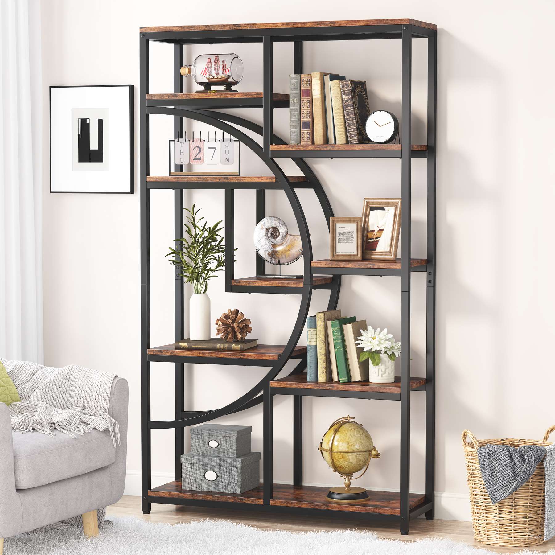 Freestanding Bookshelf, 175 cm Etagere Bookcase with 9 Open Shelves