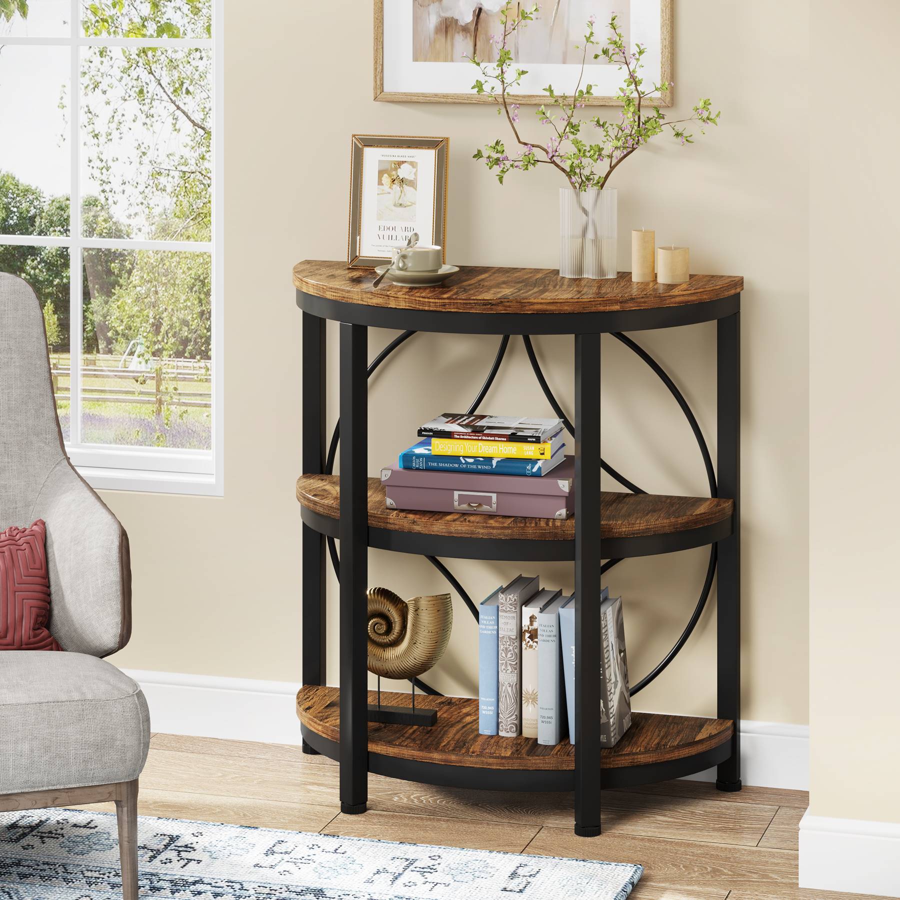 Half-Round End Table, 3-Tier Narrow Side Table with Metal Frame