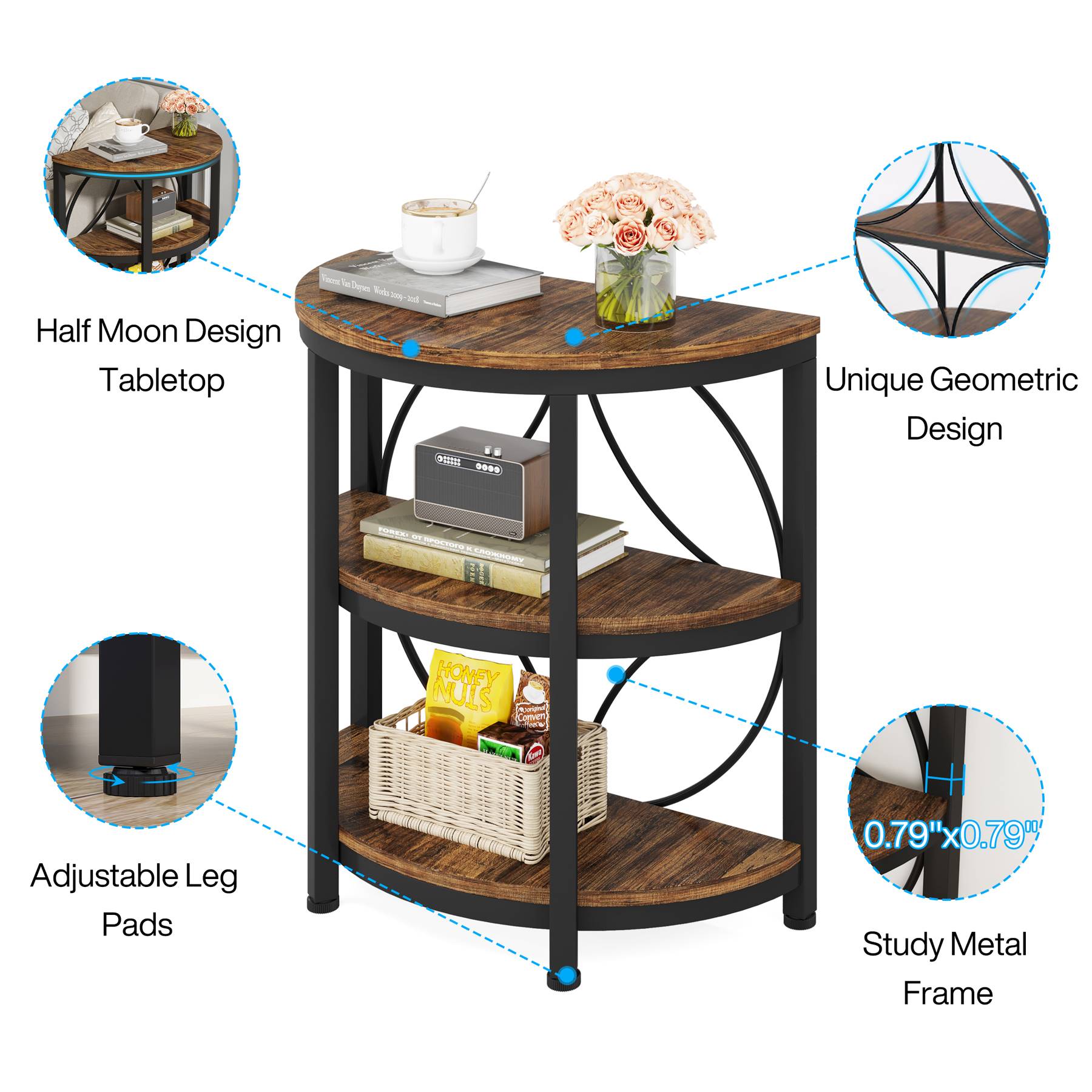 Half-Round End Table, 3-Tier Narrow Side Table with Metal Frame