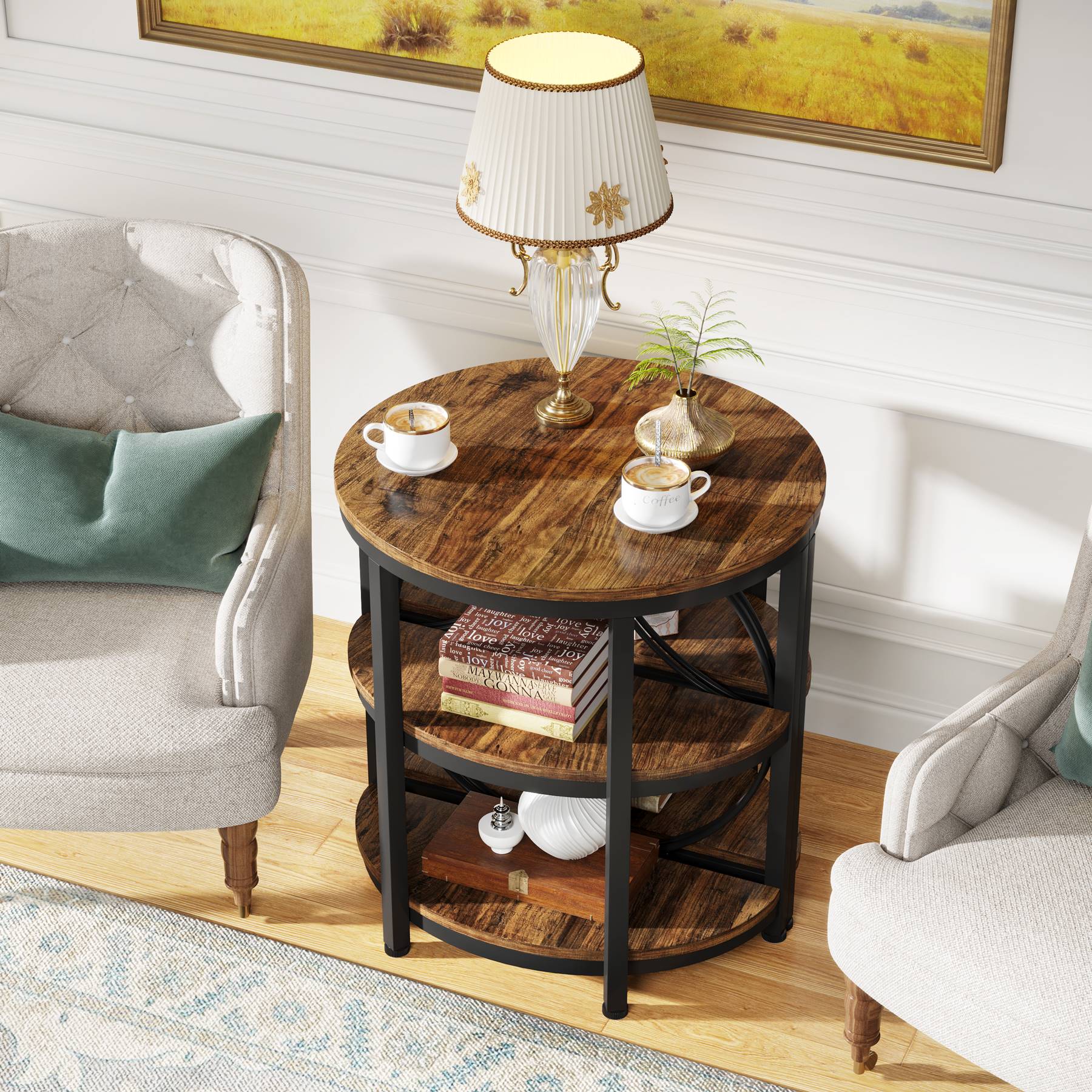 Half-Round End Table, 3-Tier Narrow Side Table with Metal Frame