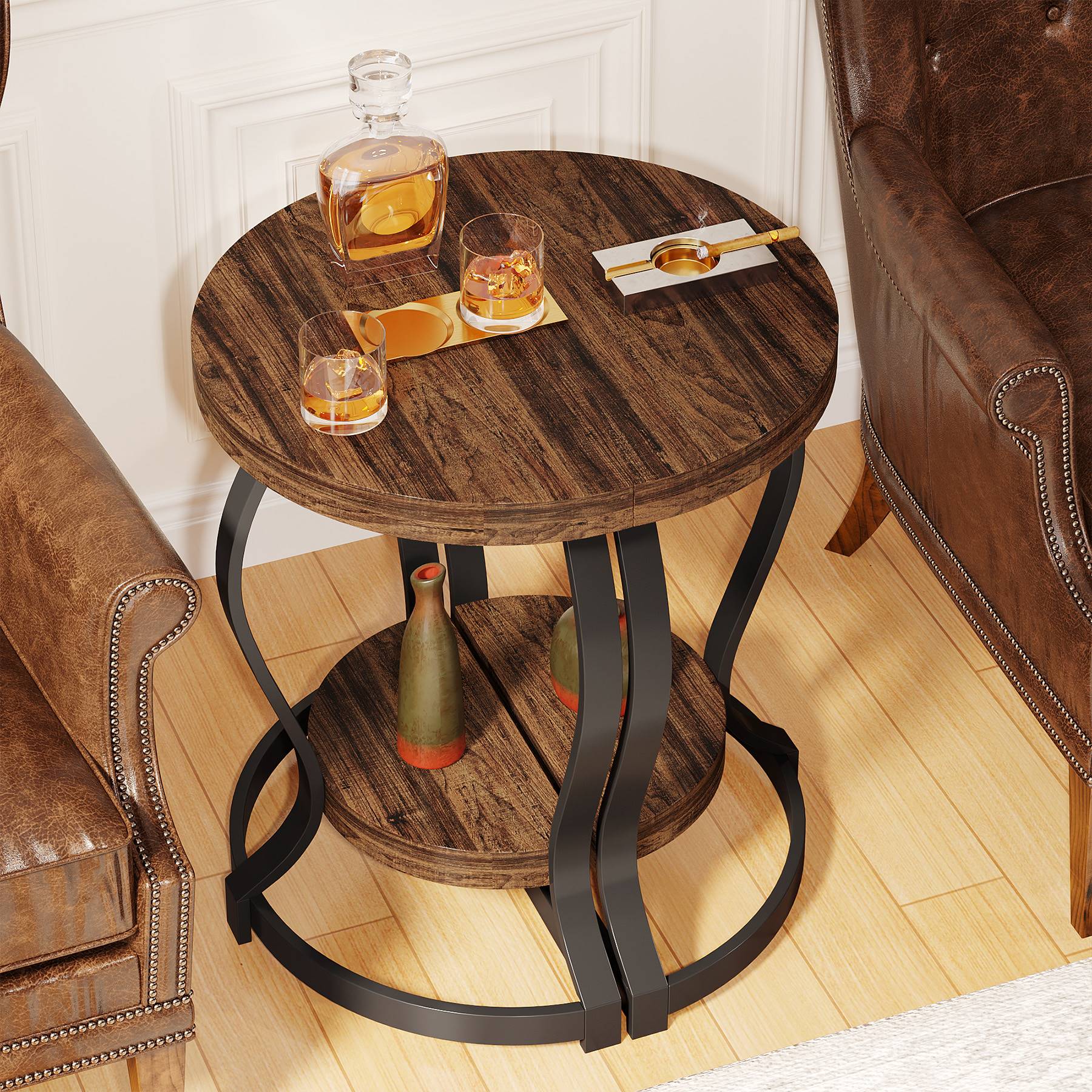 Half-Round End Table, Side Table with 2-Tier Shelves