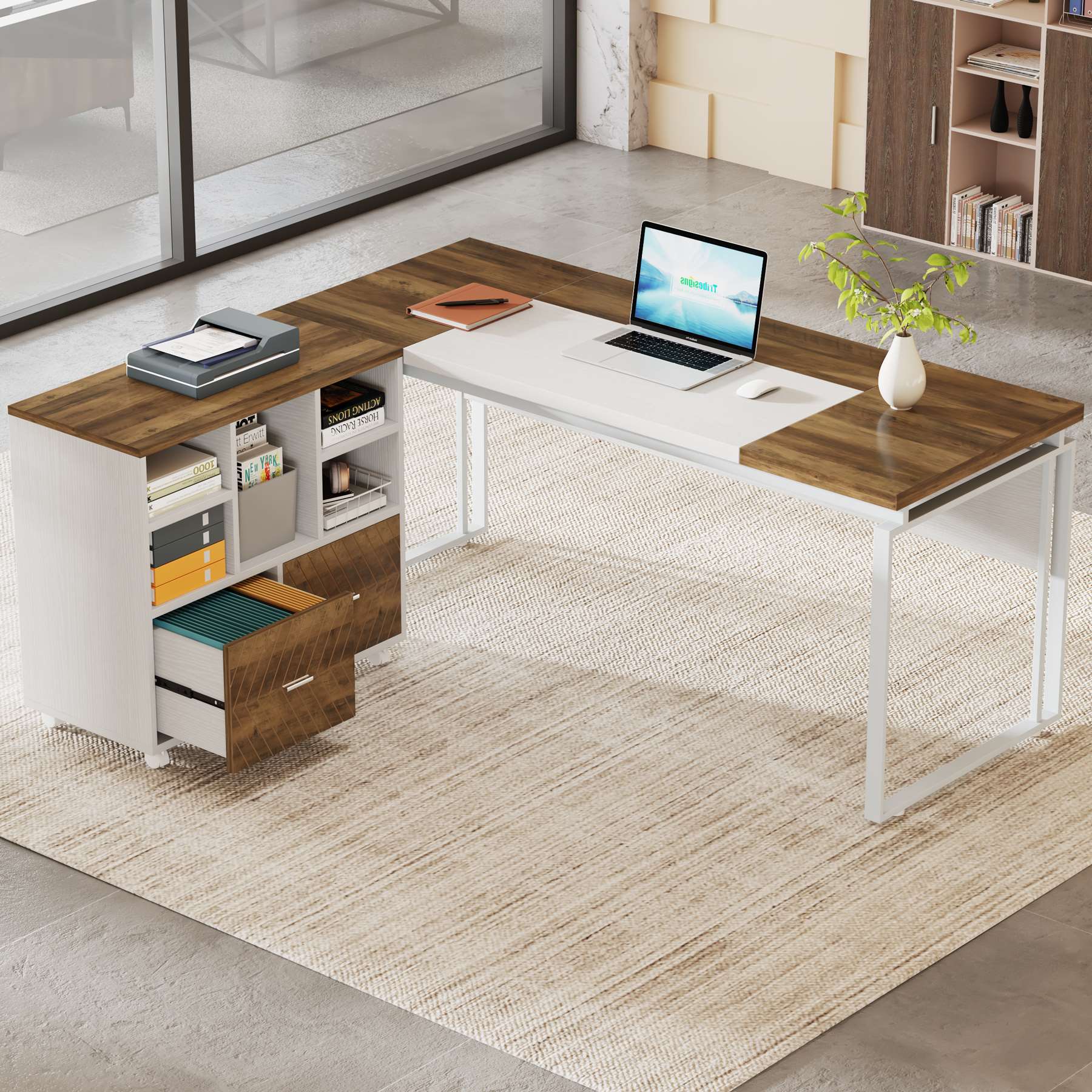 L-Shaped Executive Desk, 160 cm Computer Desk with Mobile File Cabinet