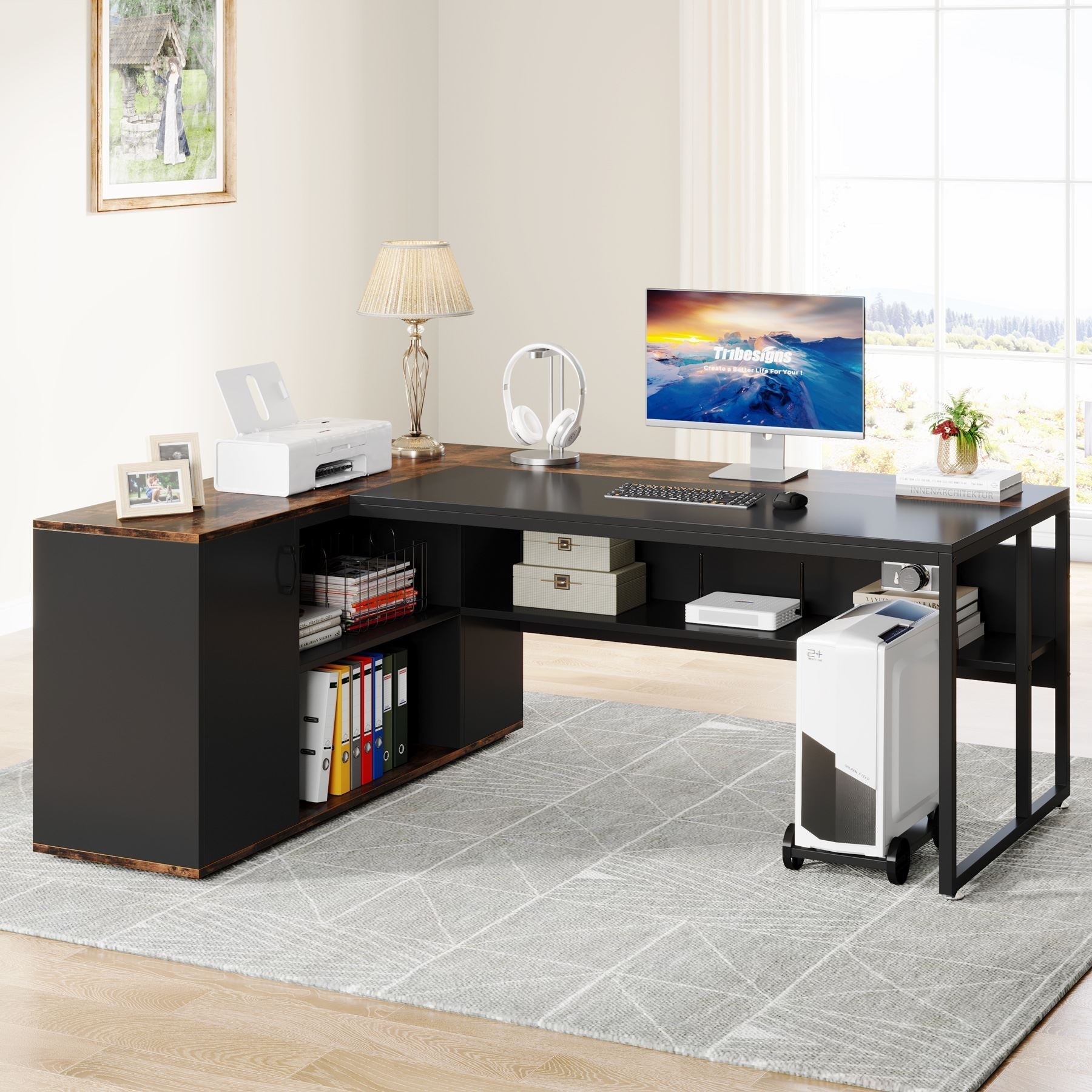 Large L-Shaped Desk, 180 cm Executive Desk with Shelves & Cabinet