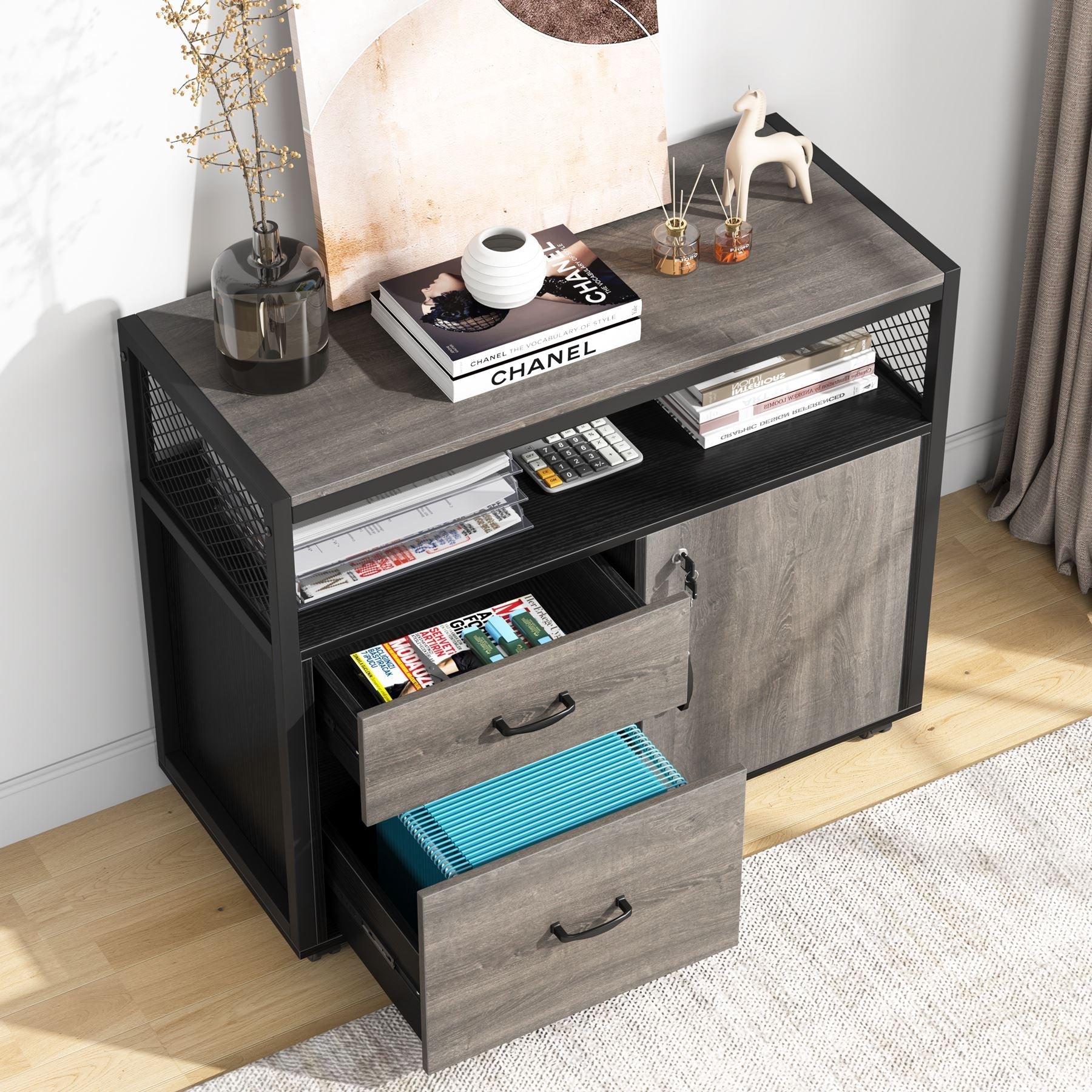 Lockable File Cabinet Printer Stand with Drawers & Caster (cm)