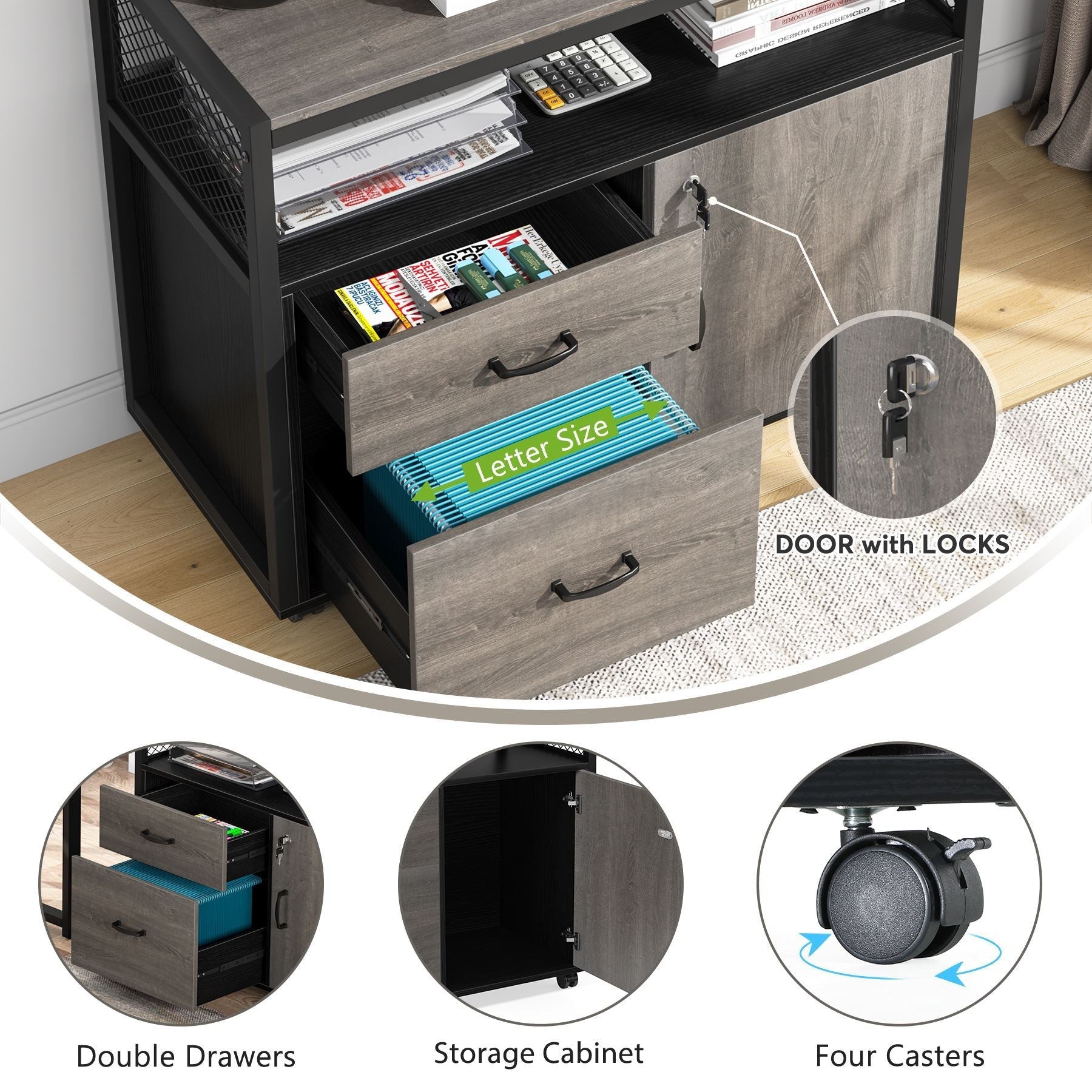 Lockable File Cabinet Printer Stand with Drawers & Caster (cm)