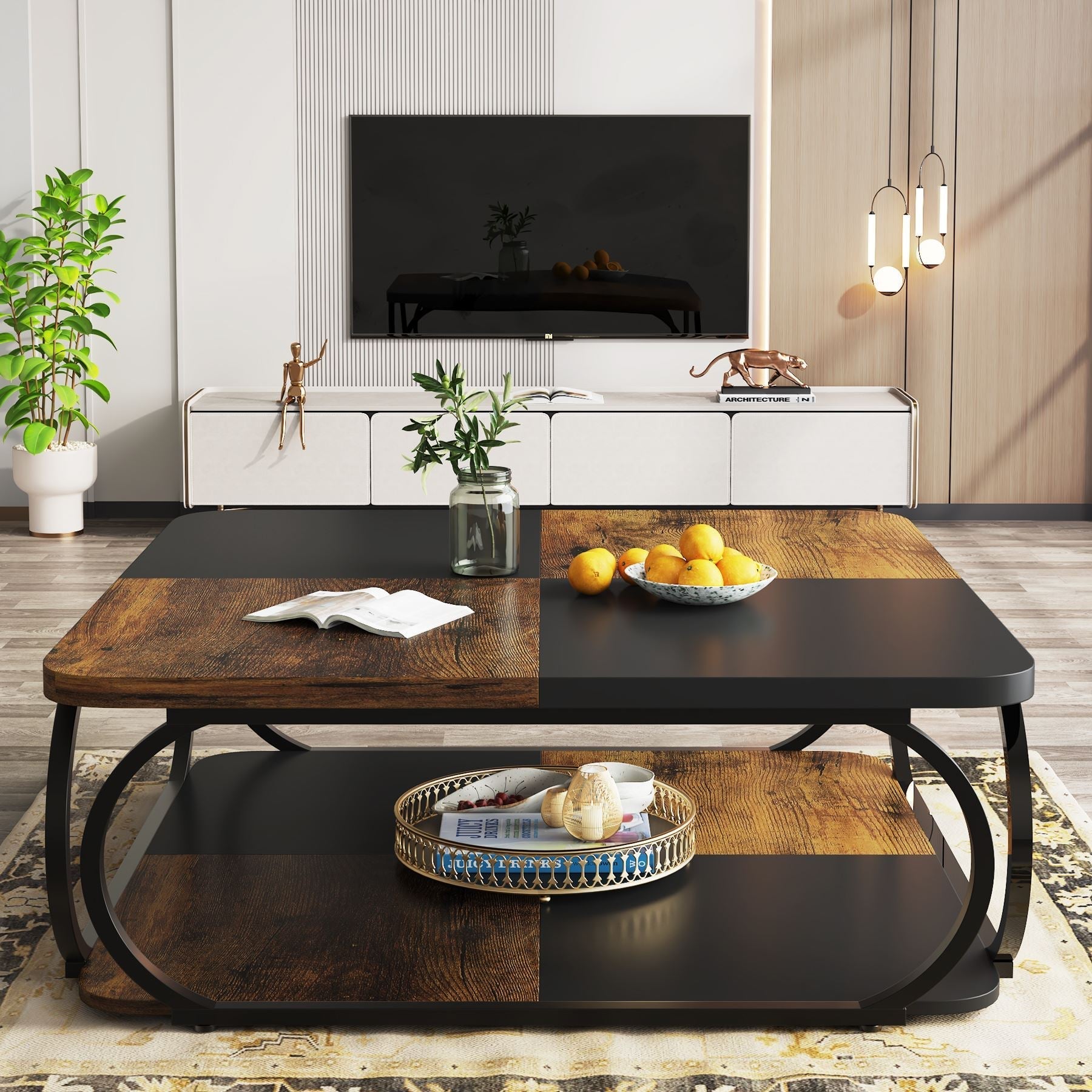 Square Coffee Table, 99 cm Central Cocktail Table with 2-Tier Shelves