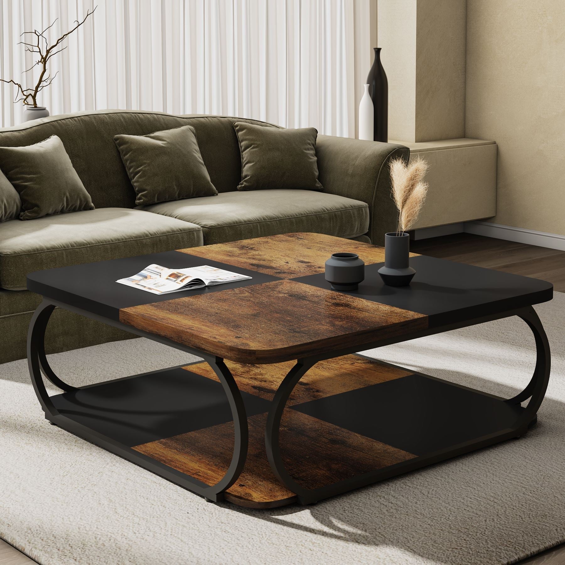 Square Coffee Table, 99 cm Central Cocktail Table with 2-Tier Shelves