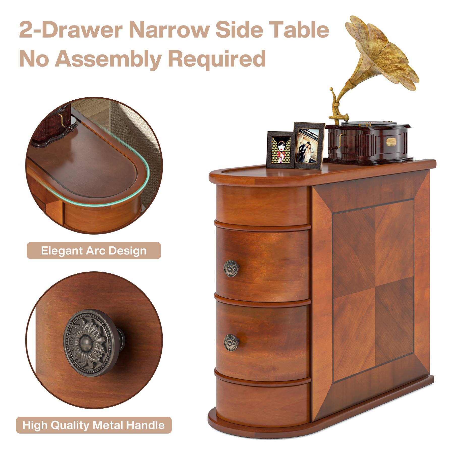 Wood End Table, Narrow Side Table Nightstand with 2 Drawers