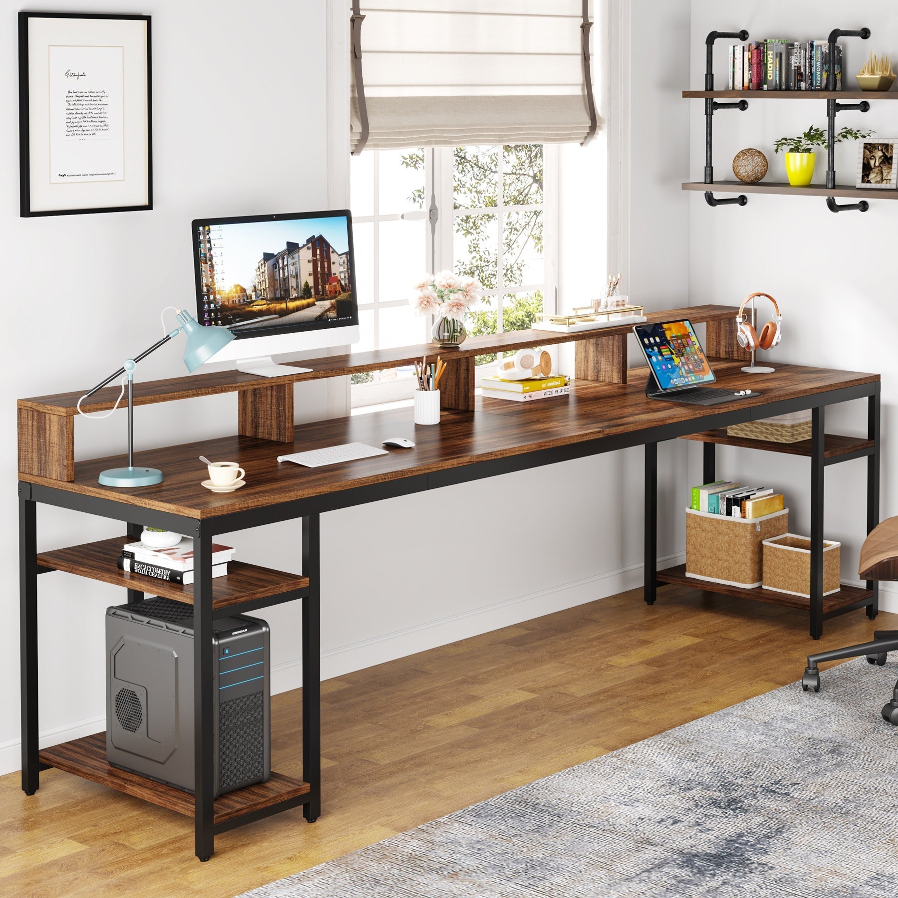 Two Person Desk, 200 cm Computer Desk With Monitor Stand and 4 Open Shelves