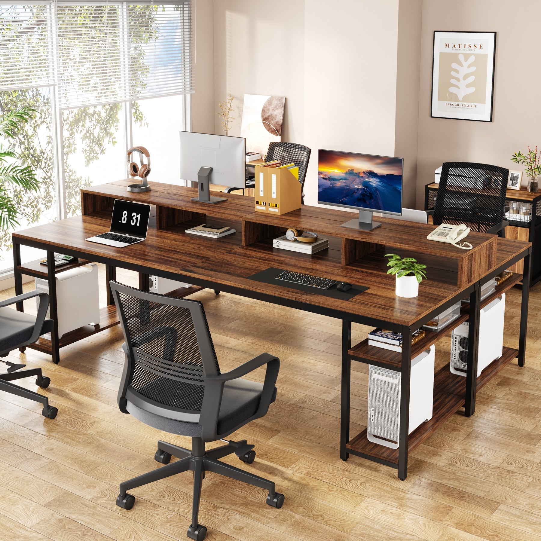 Two Person Desk, 200 cm Computer Desk With Monitor Stand and 4 Open Shelves