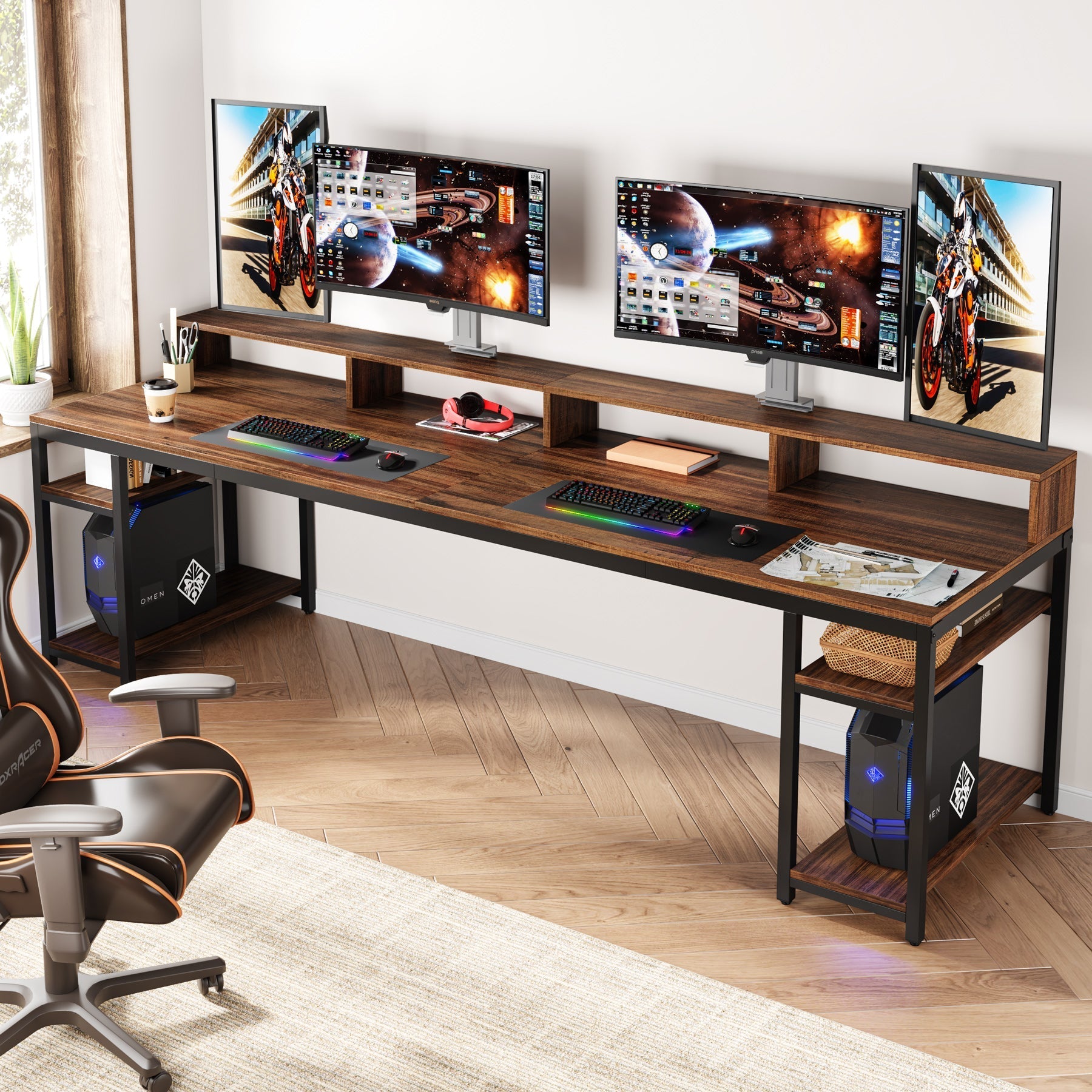 Two Person Desk, 200 cm Computer Desk With Monitor Stand and 4 Open Shelves