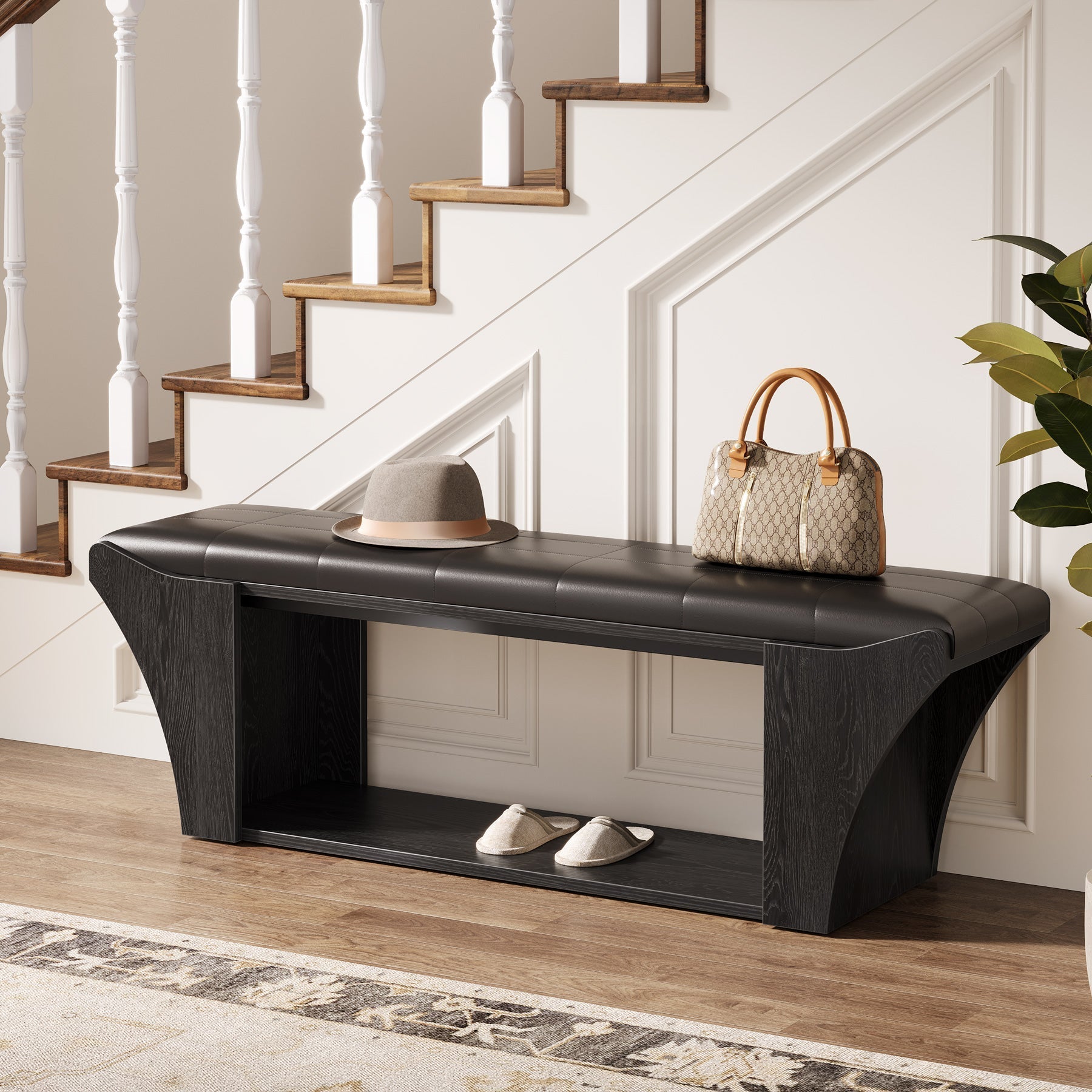 Upholstered Entryway Bench, 145 cm Shoe Storage Benches with Open Shelf