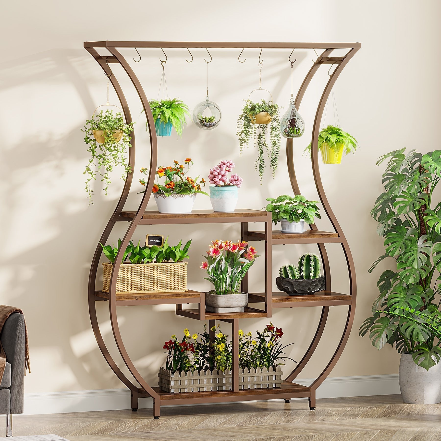 Vase-Shaped Plant Stand, 6-Tier Plant Display Rack with 10 Hanging Hooks (cm)