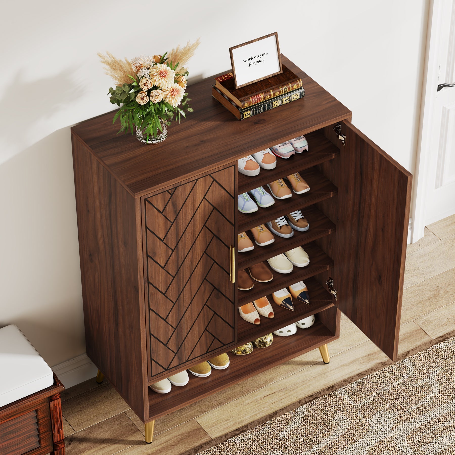 Wooden Shoe Cabinet, 6-Tier Shoe Organizer with Adjustable Shelves (cm)