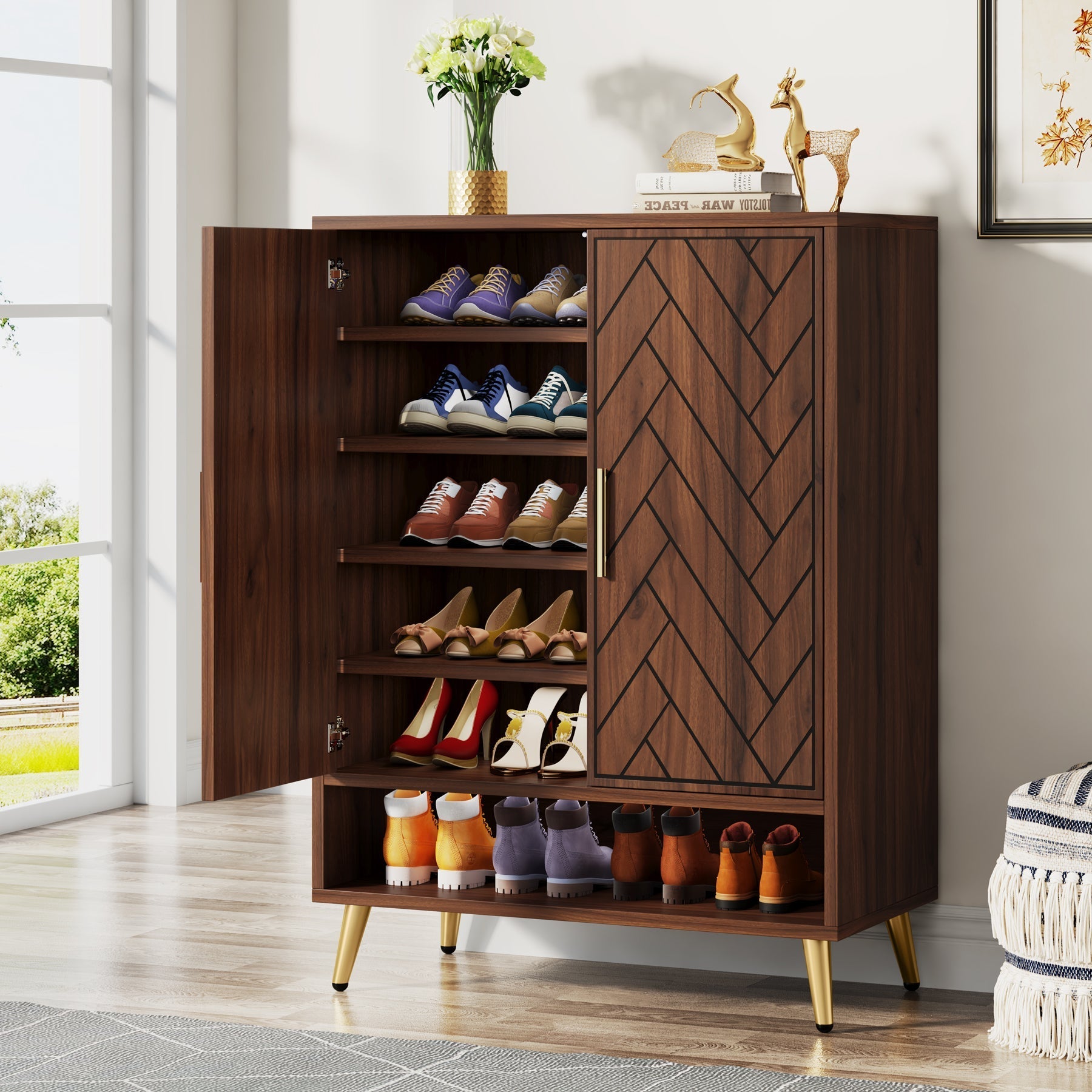 Wooden Shoe Cabinet, 6-Tier Shoe Organizer with Adjustable Shelves (cm)