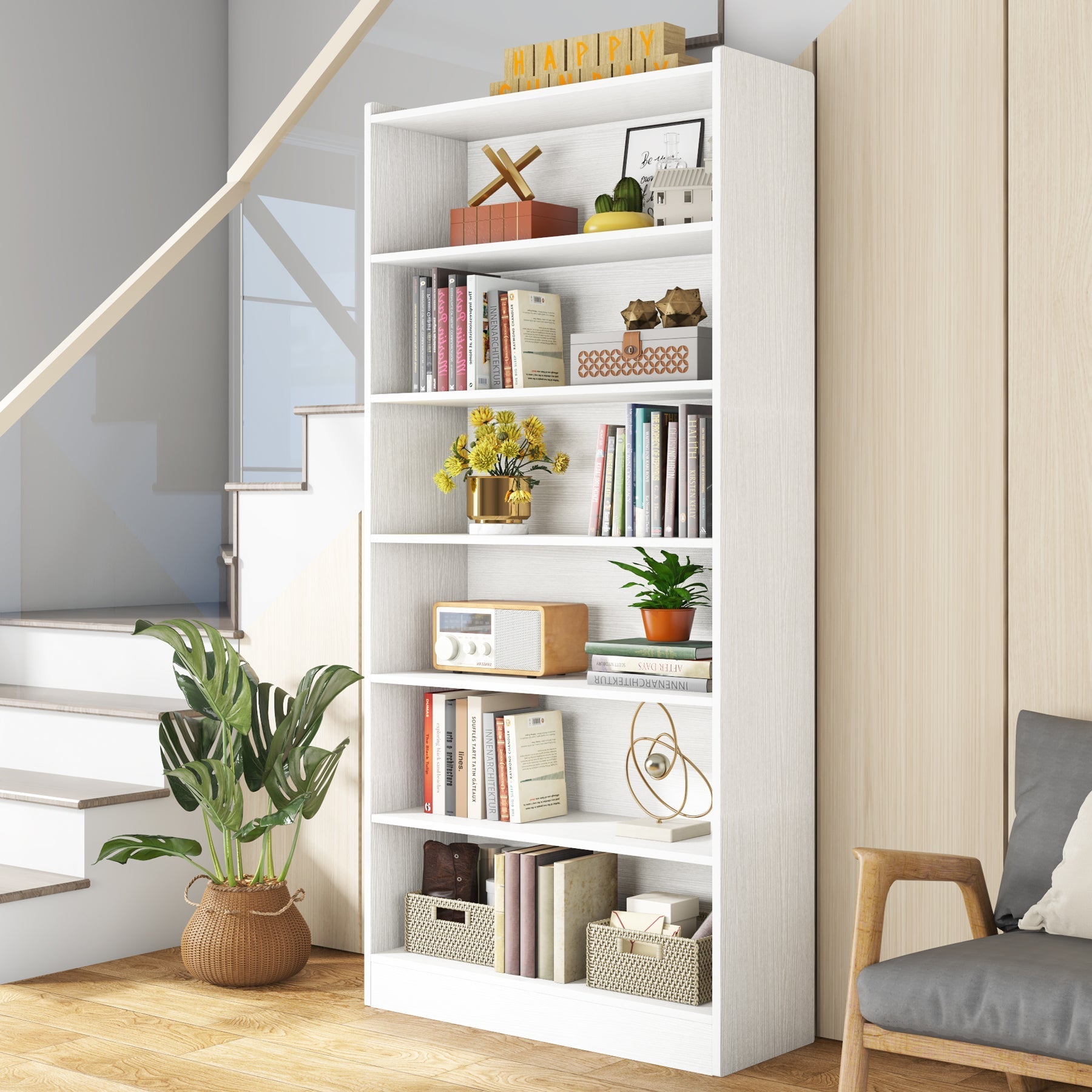 Wood Bookcase, 182.88 cm Tall Bookshelf with 6-Tier Open Storage Shelves