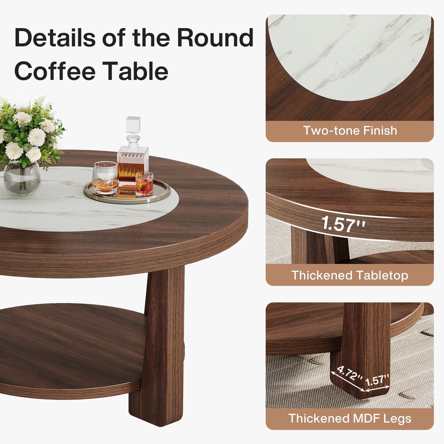 Wood Coffee Table, Round 2-Tier Accent Center Table (Diameter: 60 cm)