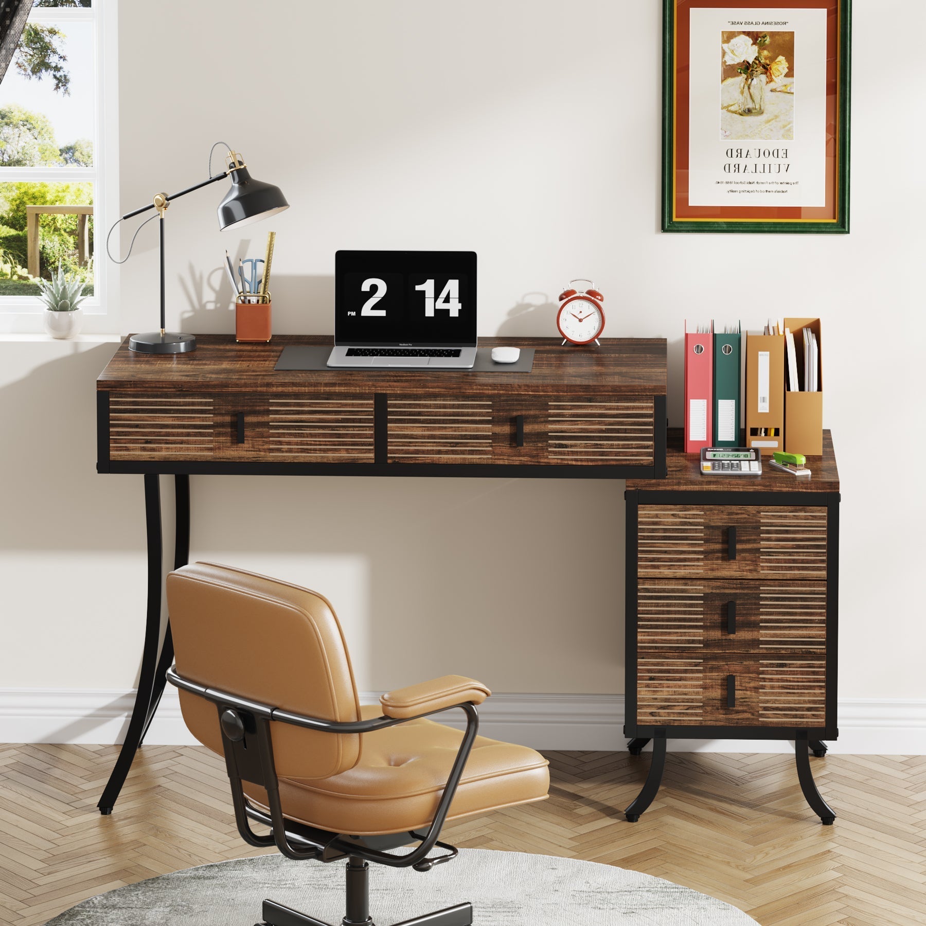 Wood Computer Desk, 140 cm Home Office Desk with Drawer Cabinet