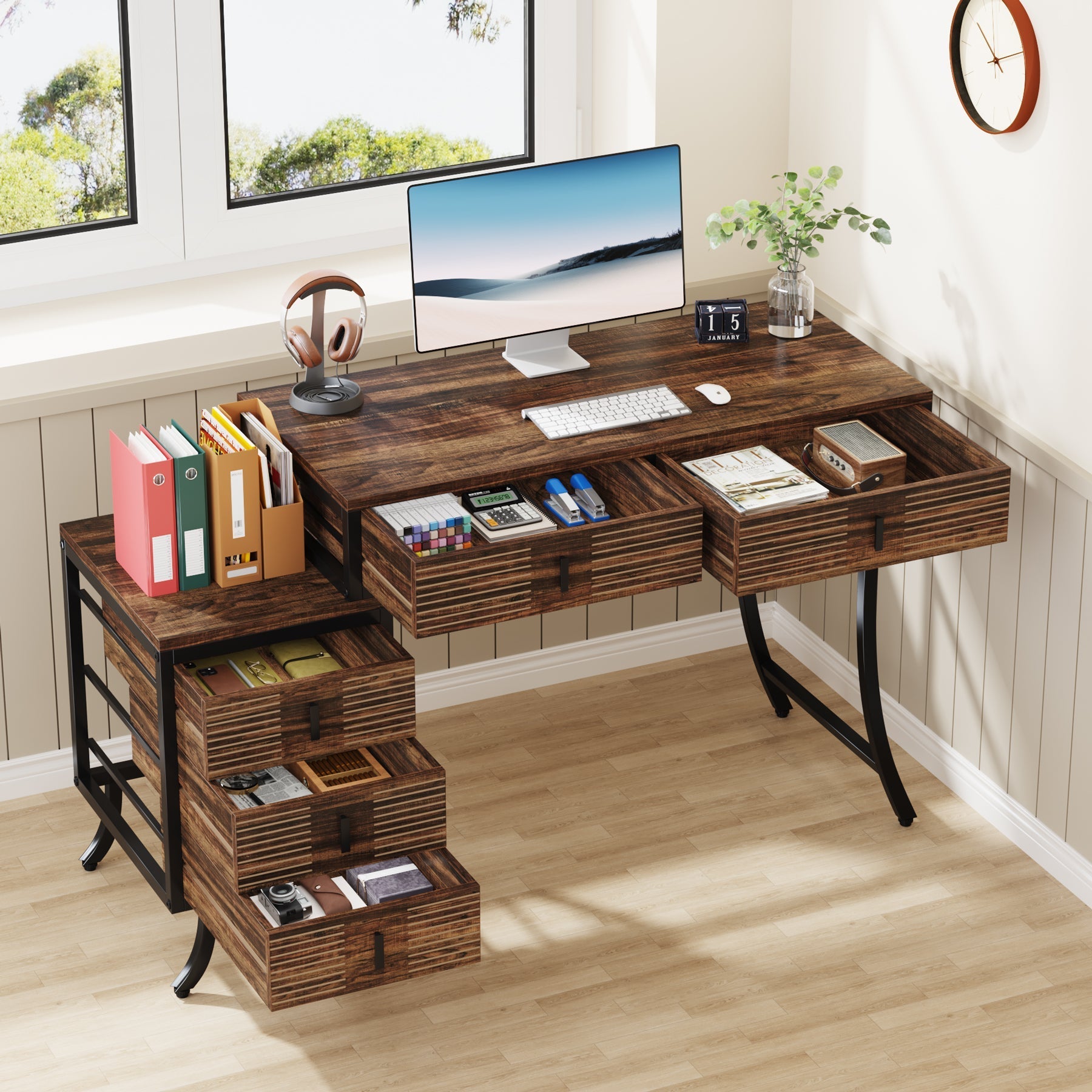 Wood Computer Desk, 140 cm Home Office Desk with Drawer Cabinet