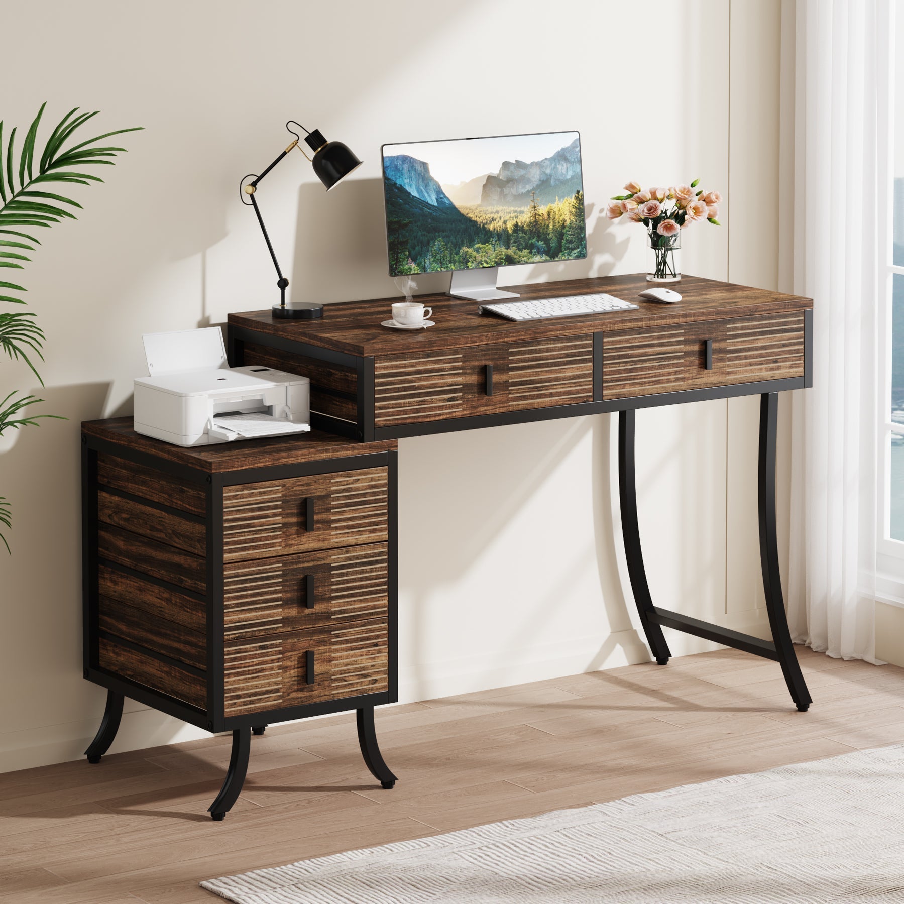 Wood Computer Desk, 140 cm Home Office Desk with Drawer Cabinet