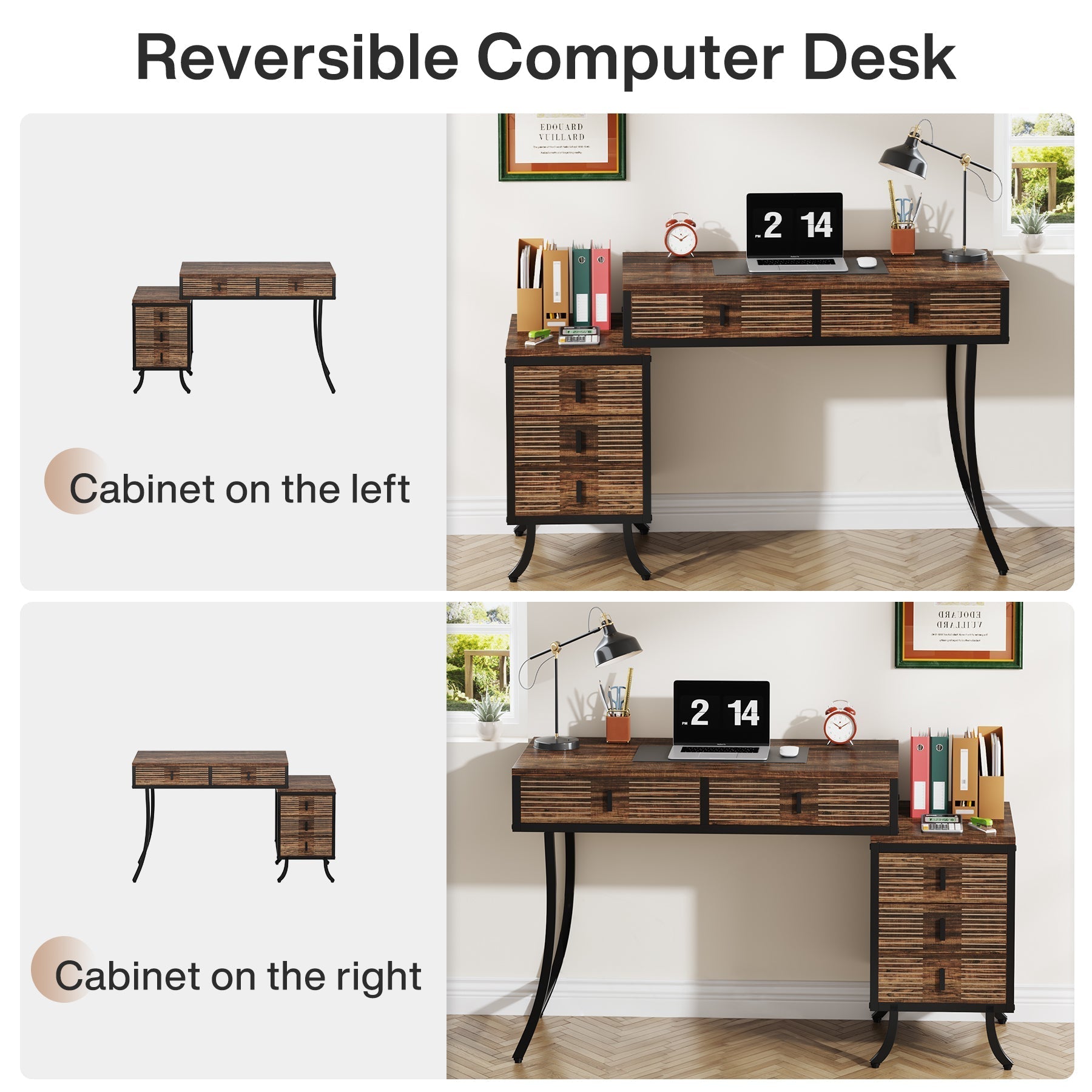 Wood Computer Desk, 140 cm Home Office Desk with Drawer Cabinet