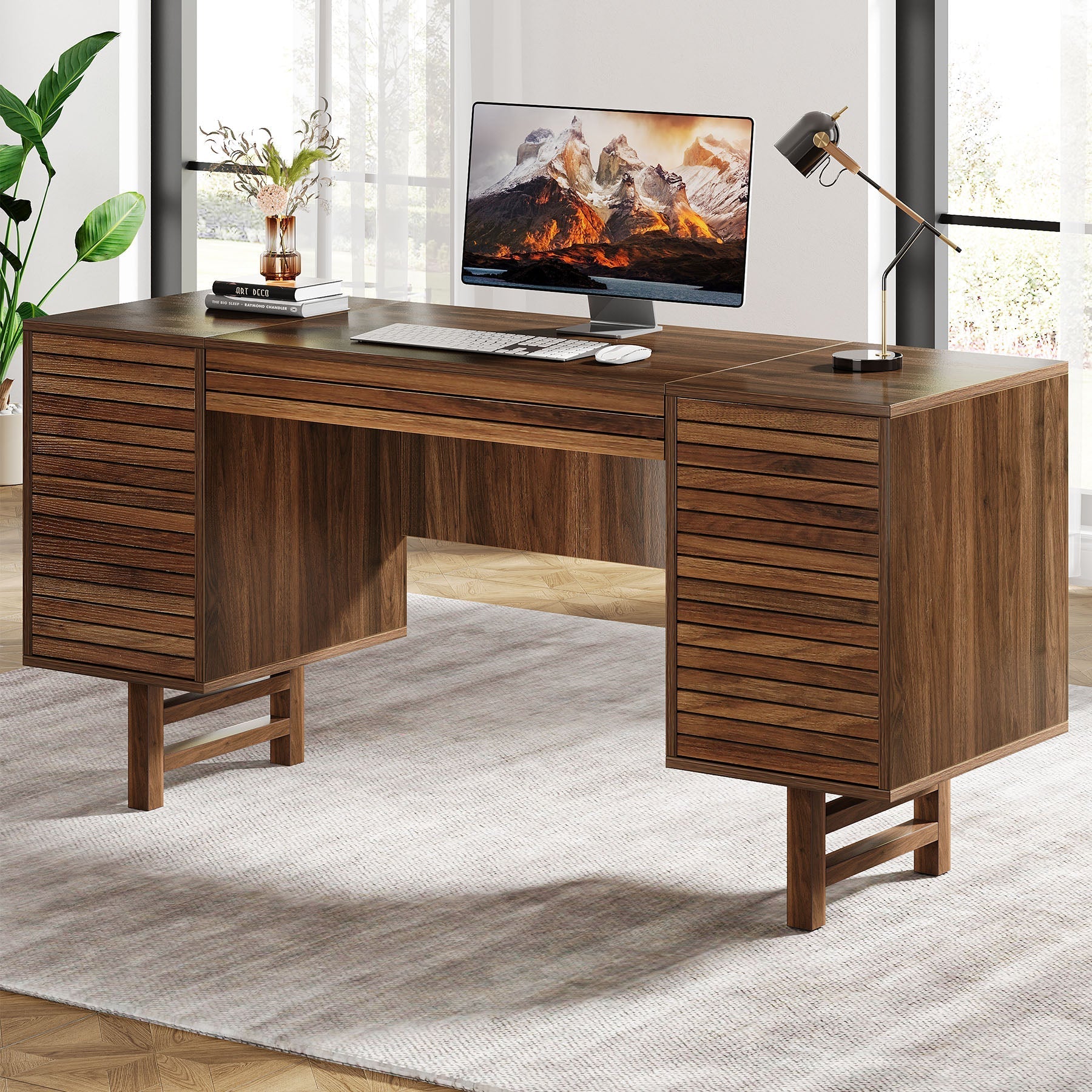 Wood Computer Desk, 150 cm Home Office Desk with Drawers