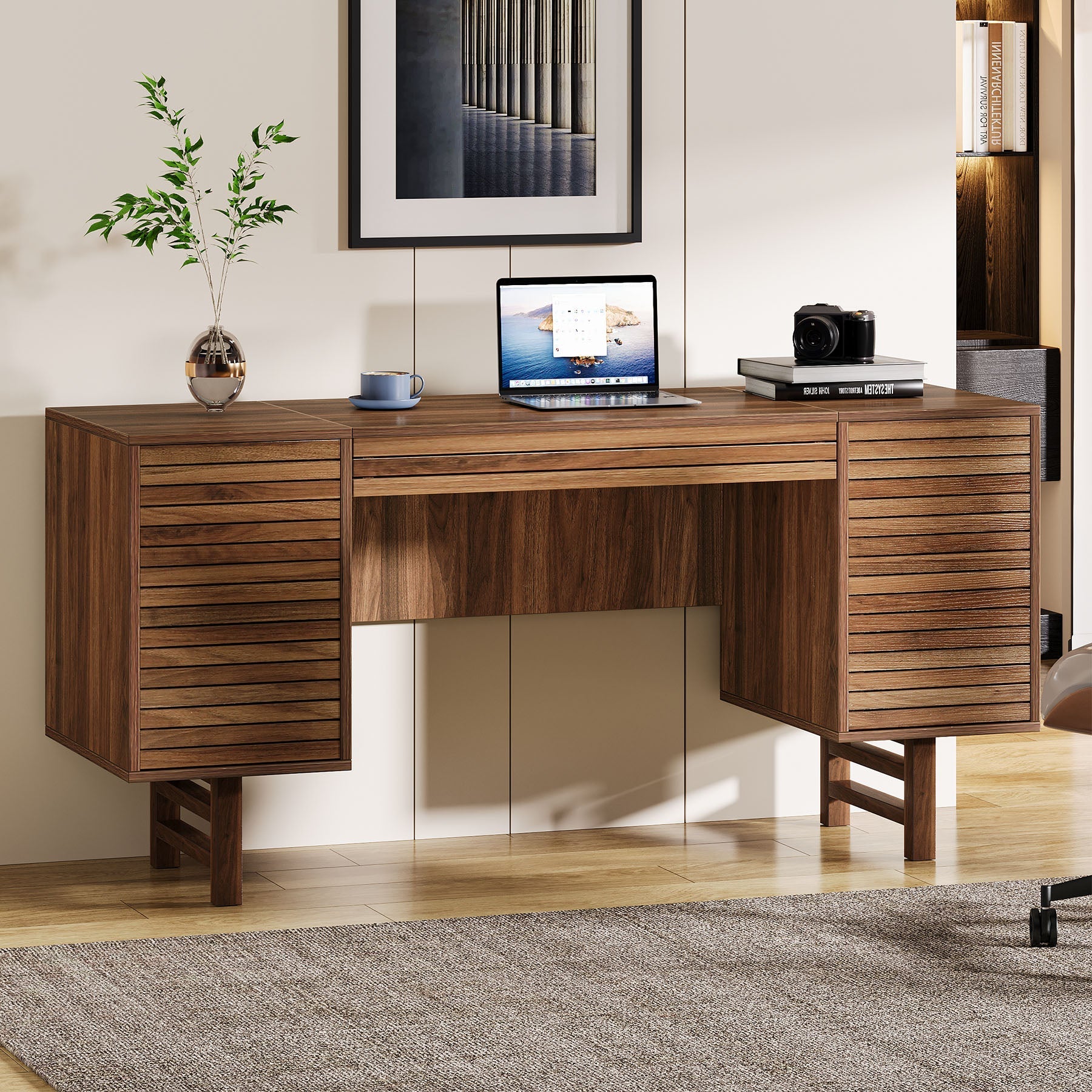 Wood Computer Desk, 150 cm Home Office Desk with Drawers