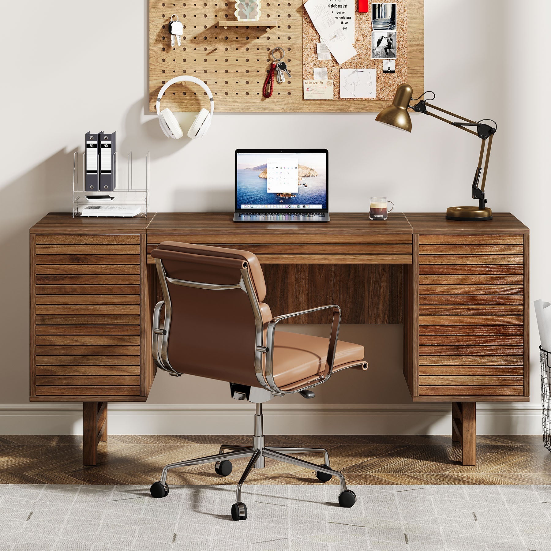 Wood Computer Desk, 150 cm Home Office Desk with Drawers