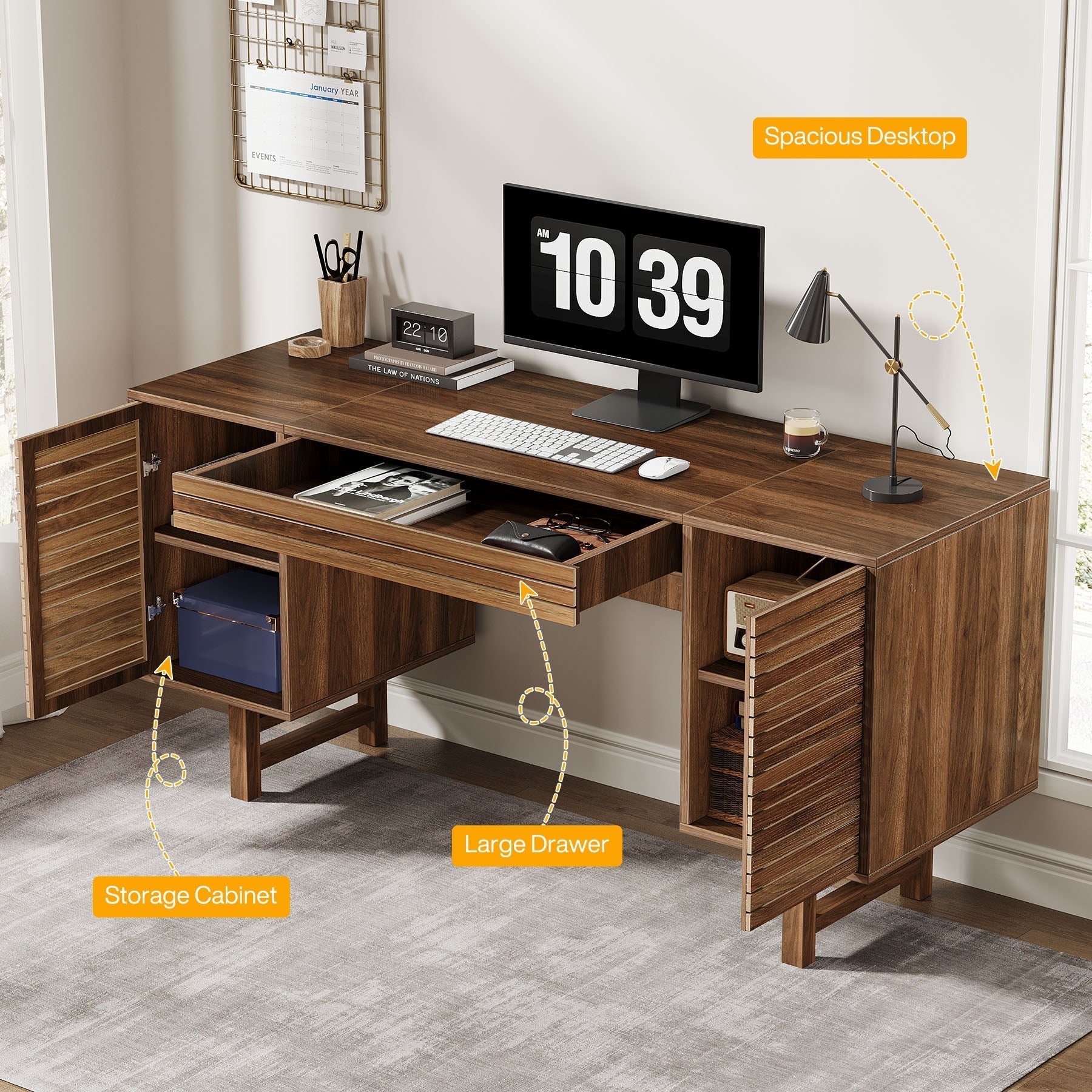 Wood Computer Desk, 150 cm Home Office Desk with Drawers